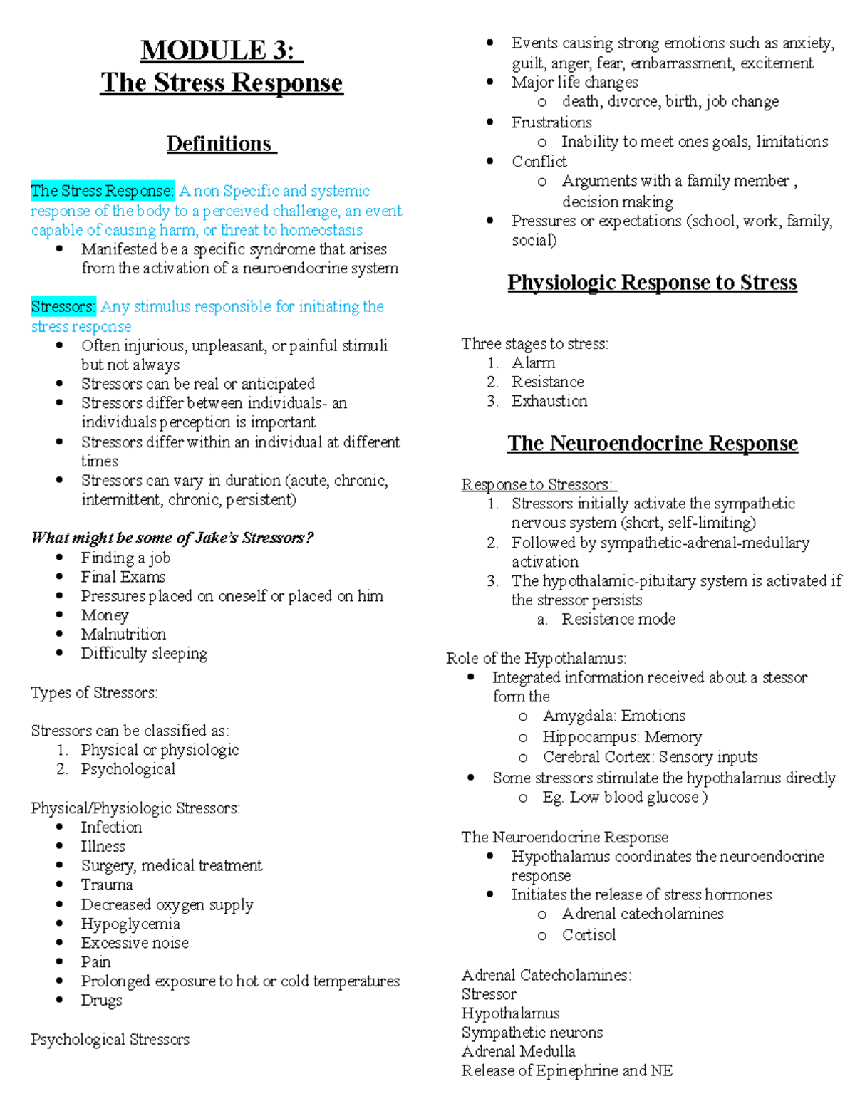 Module 3 Notes - MODULE 3: The Stress Response Definitions The Stress ...