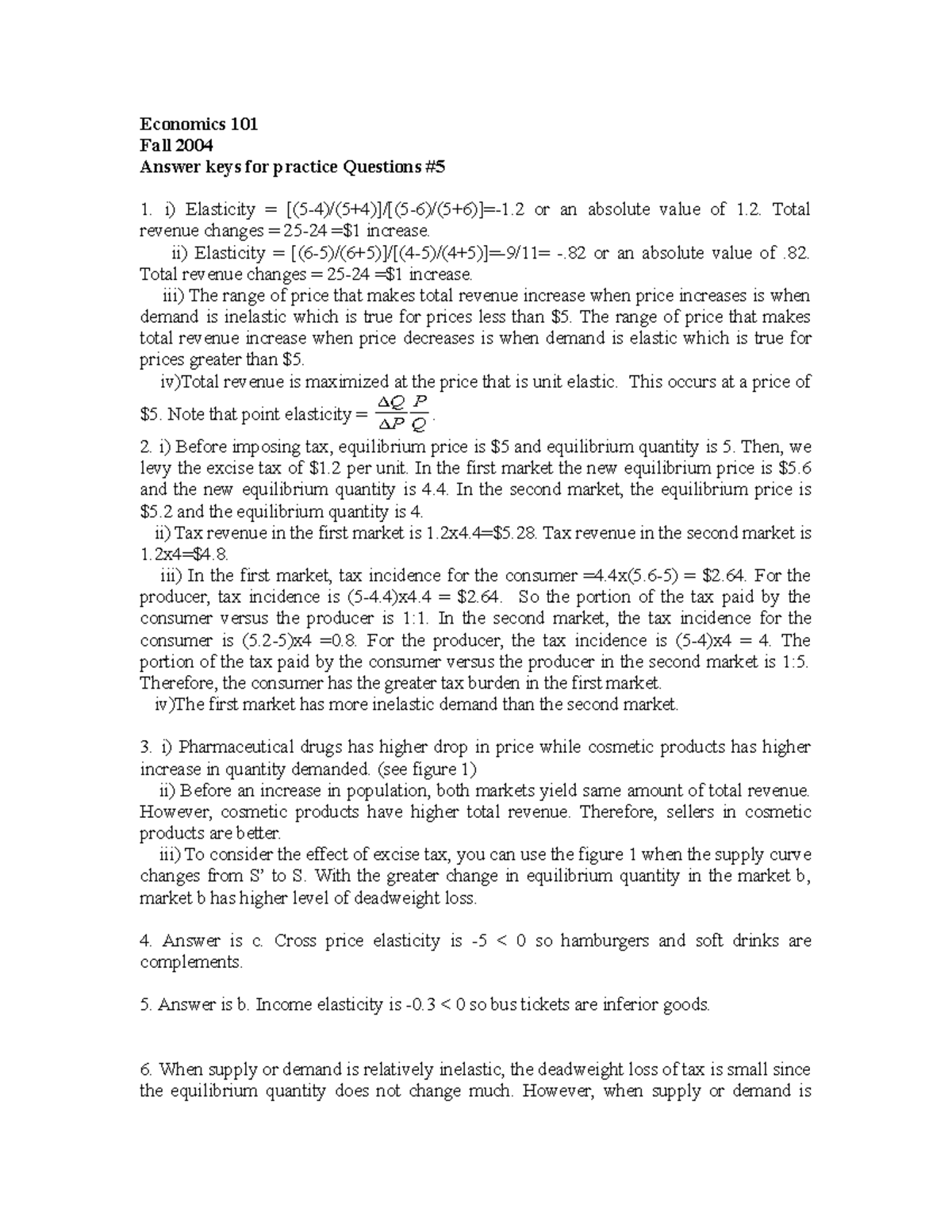 Answerstopracticequestions 5fall2004 - Economics 101 Fall 2004 Answer keys for practice ...