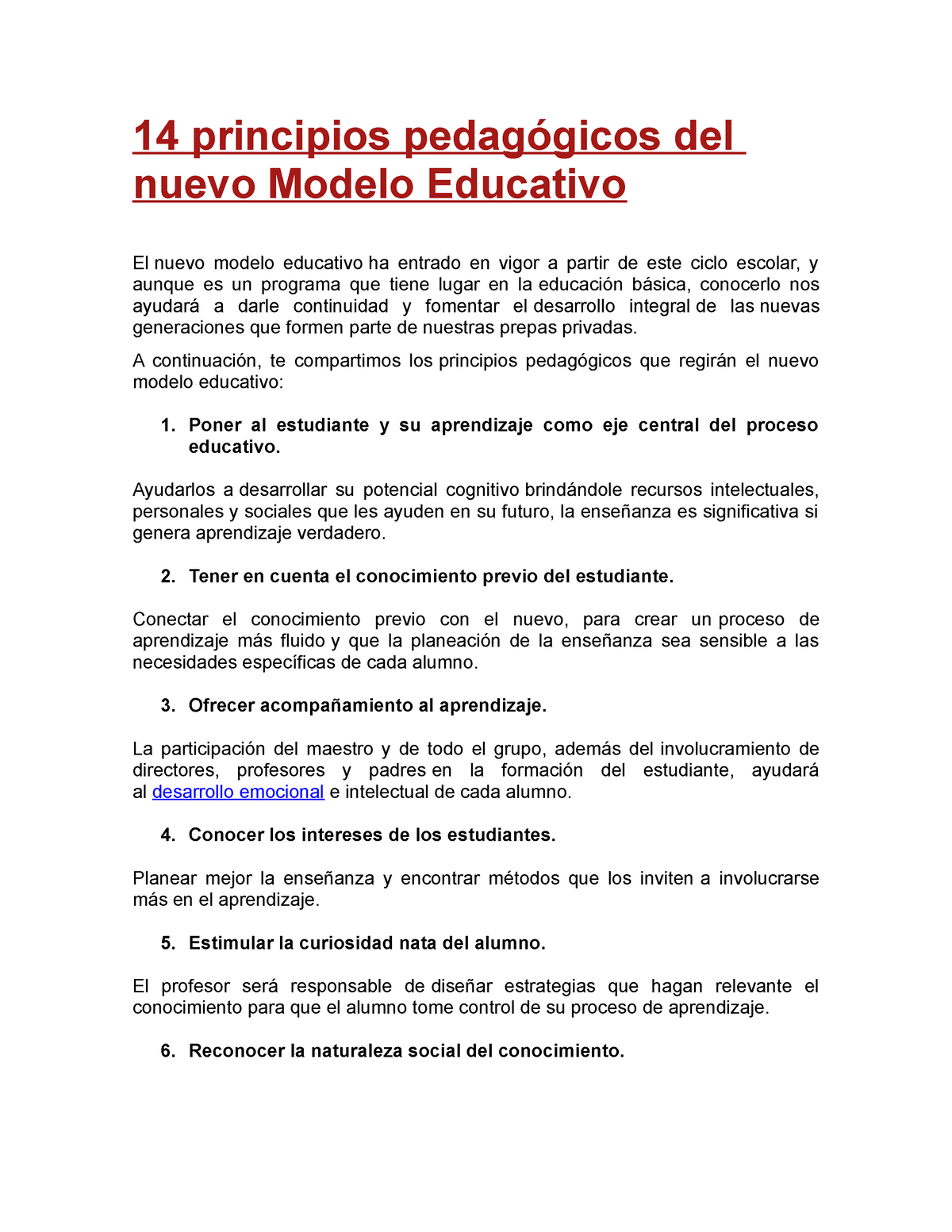 01 14 principios pedagógicos del nuevo Modelo Educativo checar - 14  principios pedagógicos del nuevo - Studocu