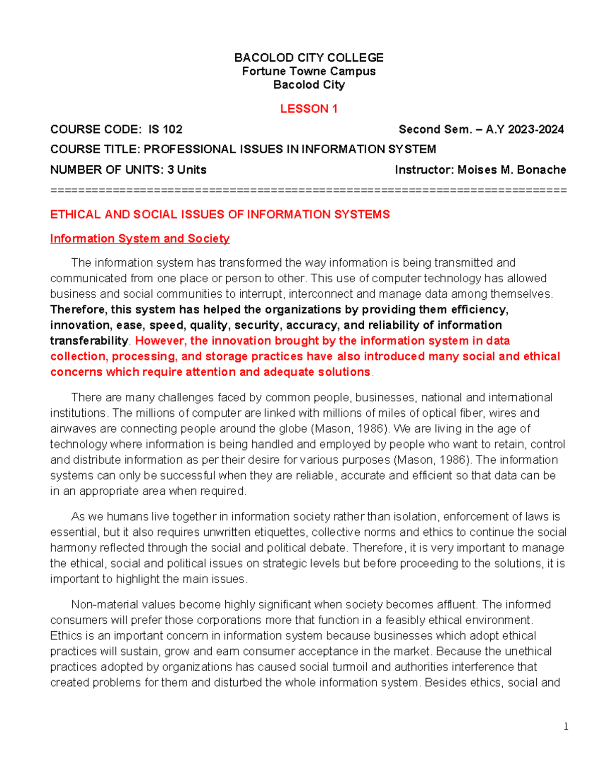 Lesson1 vdavadv BACOLOD CITY COLLEGE Fortune Towne Campus Bacolod