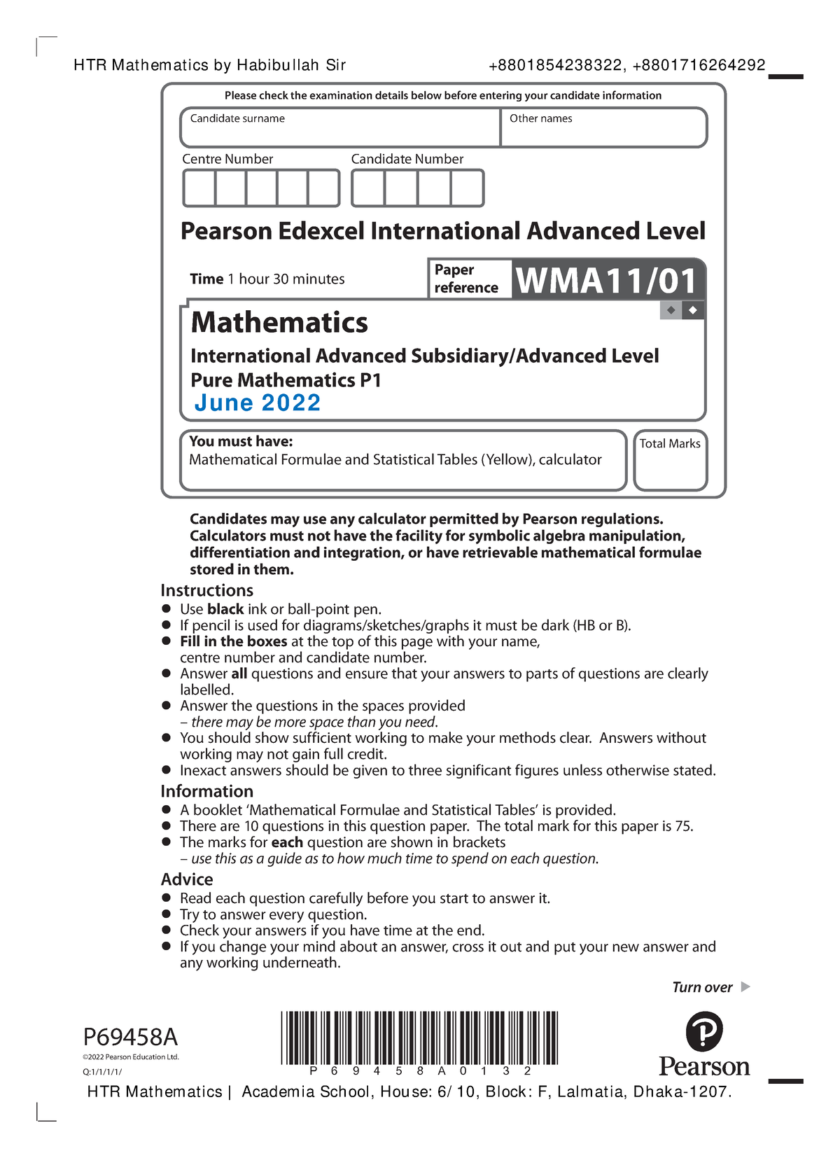 Edexcel IAL Pure Mathematics P1 June 2022 Wma11 01 que 20220513 