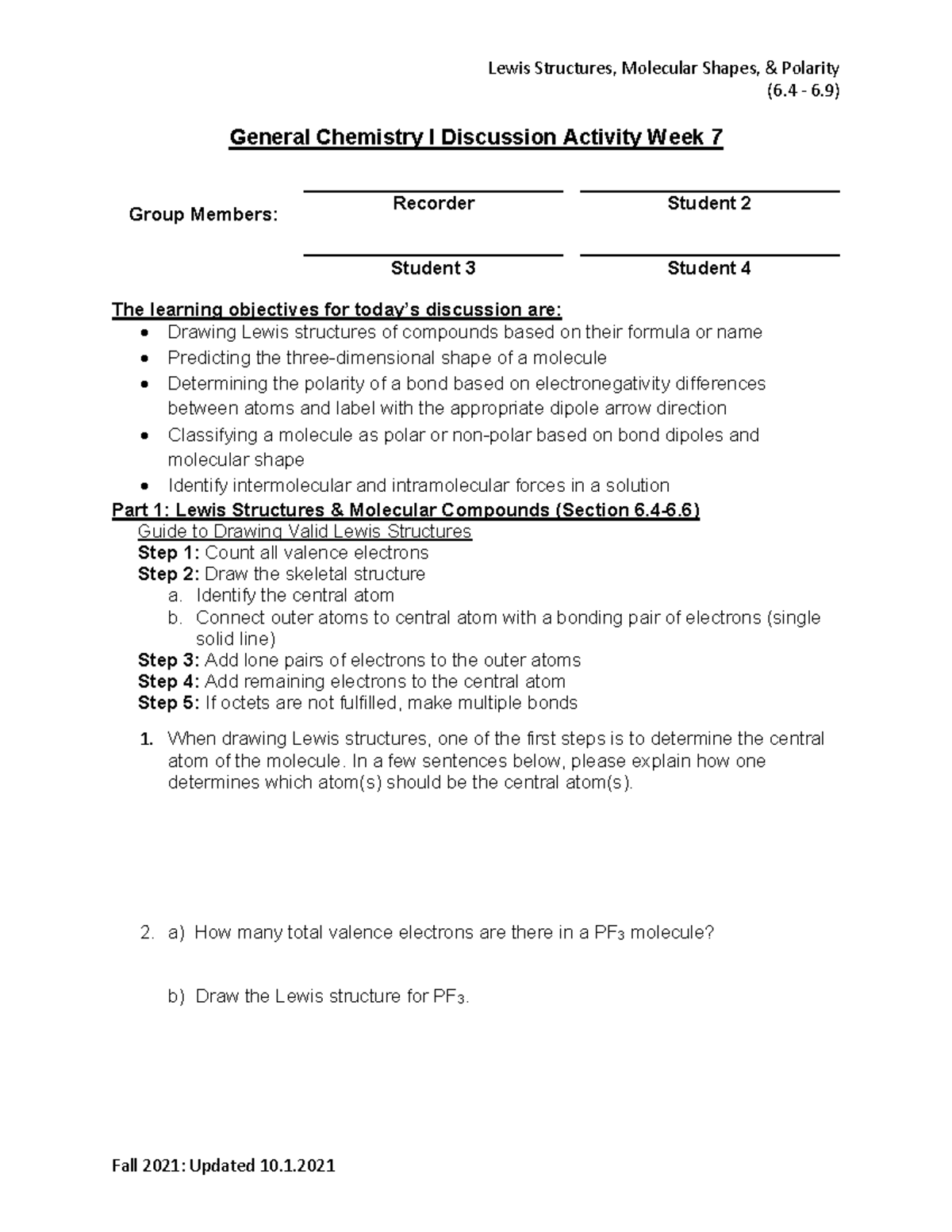 Discussion Week 7 (6 0 6) General Chemistry I Discussion Activity