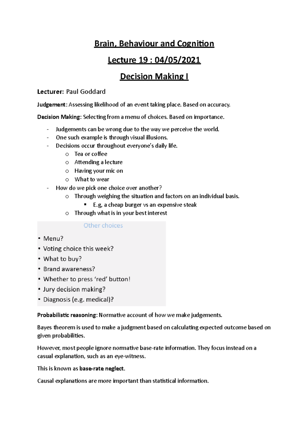 BBC - L19 - Decision Making I - Brain, Behaviour and Cognition Lecture ...