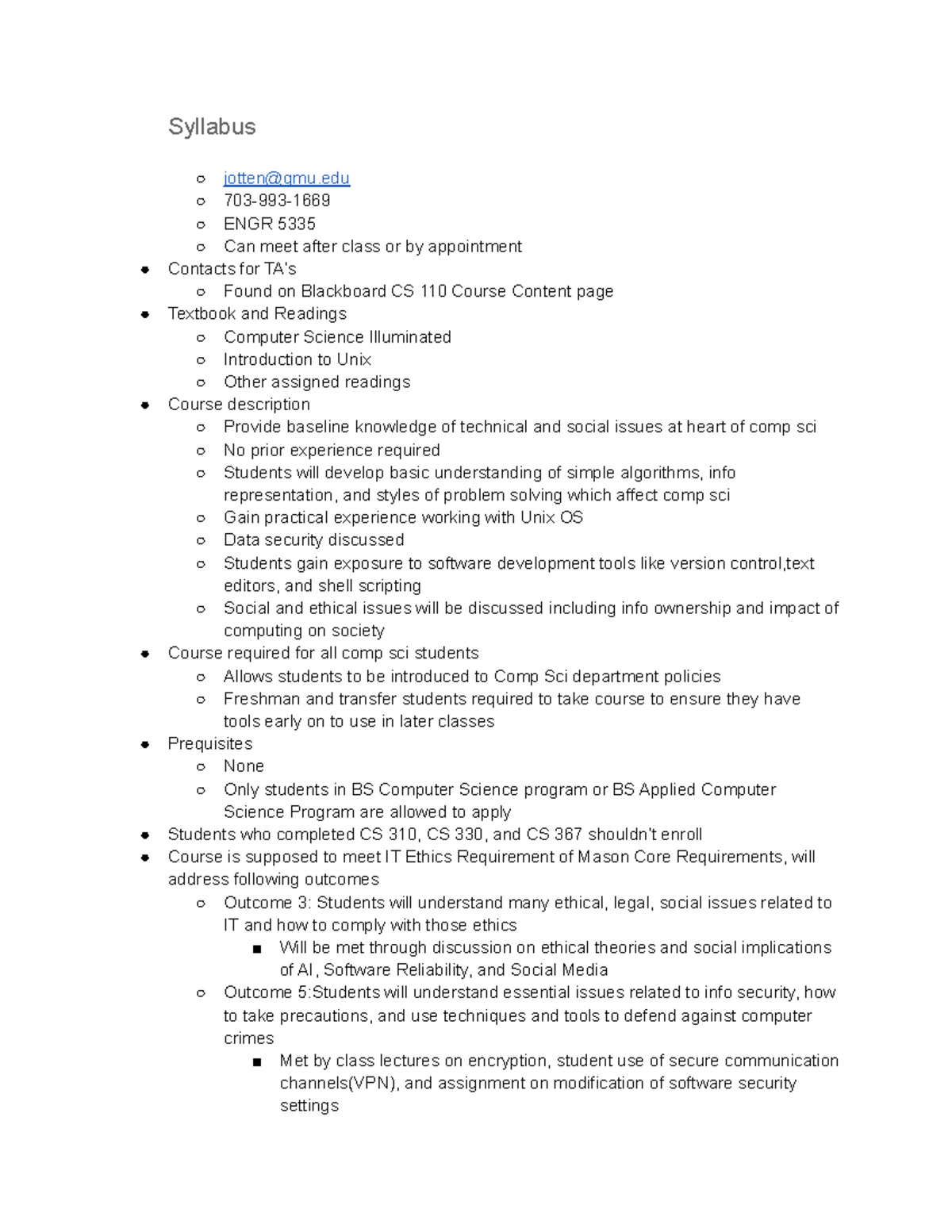 CS Week 1 Notes - Syllabus jotten@gmu 703-993- ENGR 5335 Can meet after ...