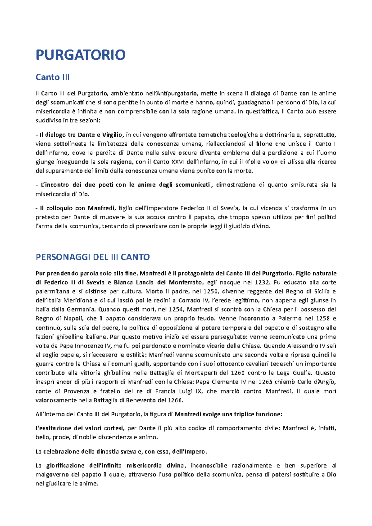 Purgatorio Canto III Appunti di lezione