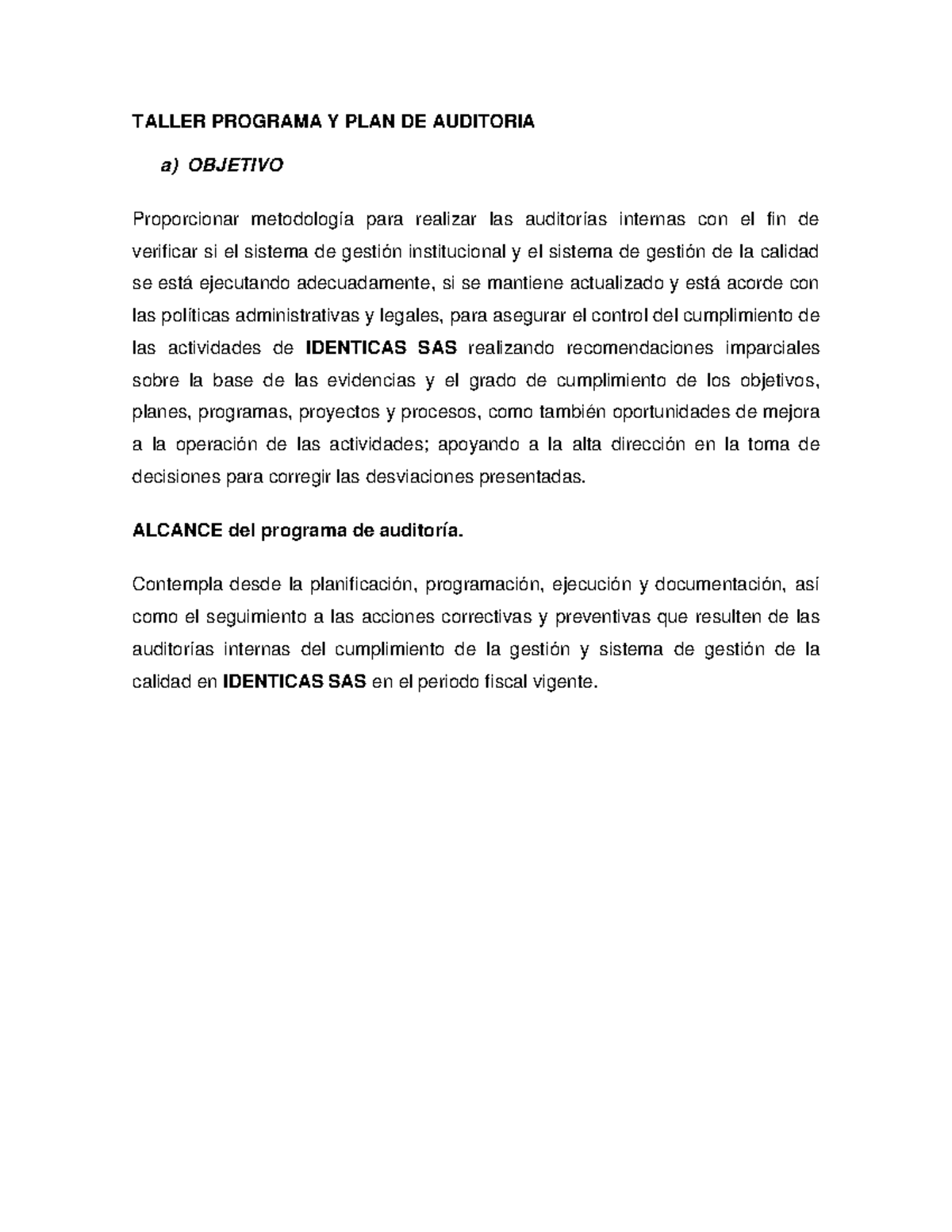 Taller Programa Y PLAN DE Auditoria - TALLER PROGRAMA Y PLAN DE ...