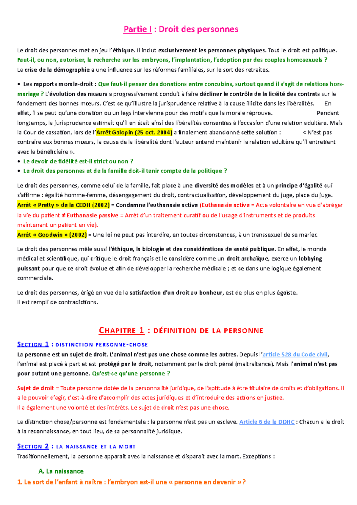 Partie I CHAPITRE 1 DEFINITION DE LA PERSONNE SECTION 1