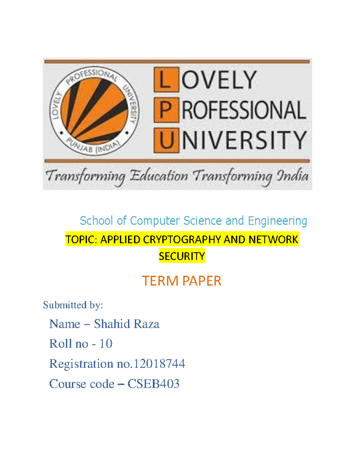 Shahidterm - School of Computer Science and Engineering TOPIC: APPLIED ...