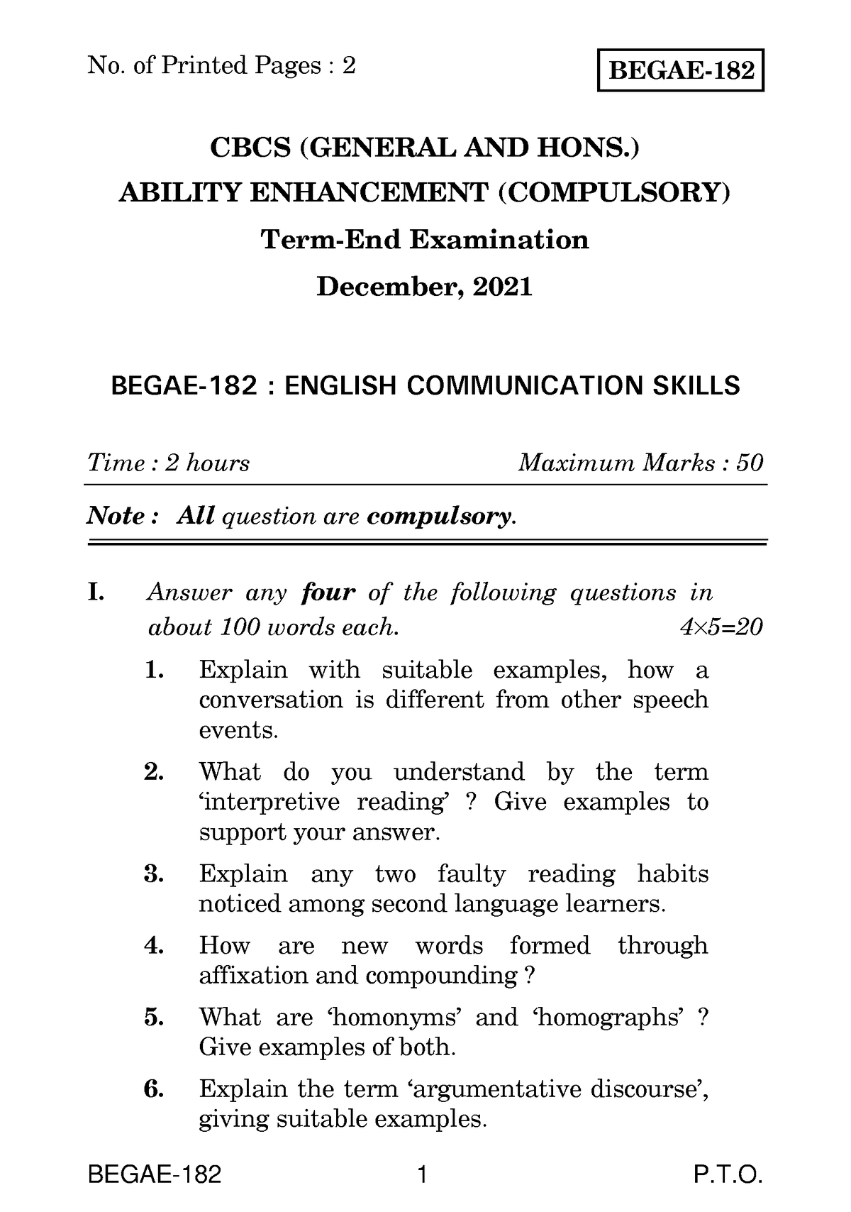 Begae 182 Ques 2 - BEGAE-182 1 P.T. BEGAE- CBCS (GENERAL AND HONS ...