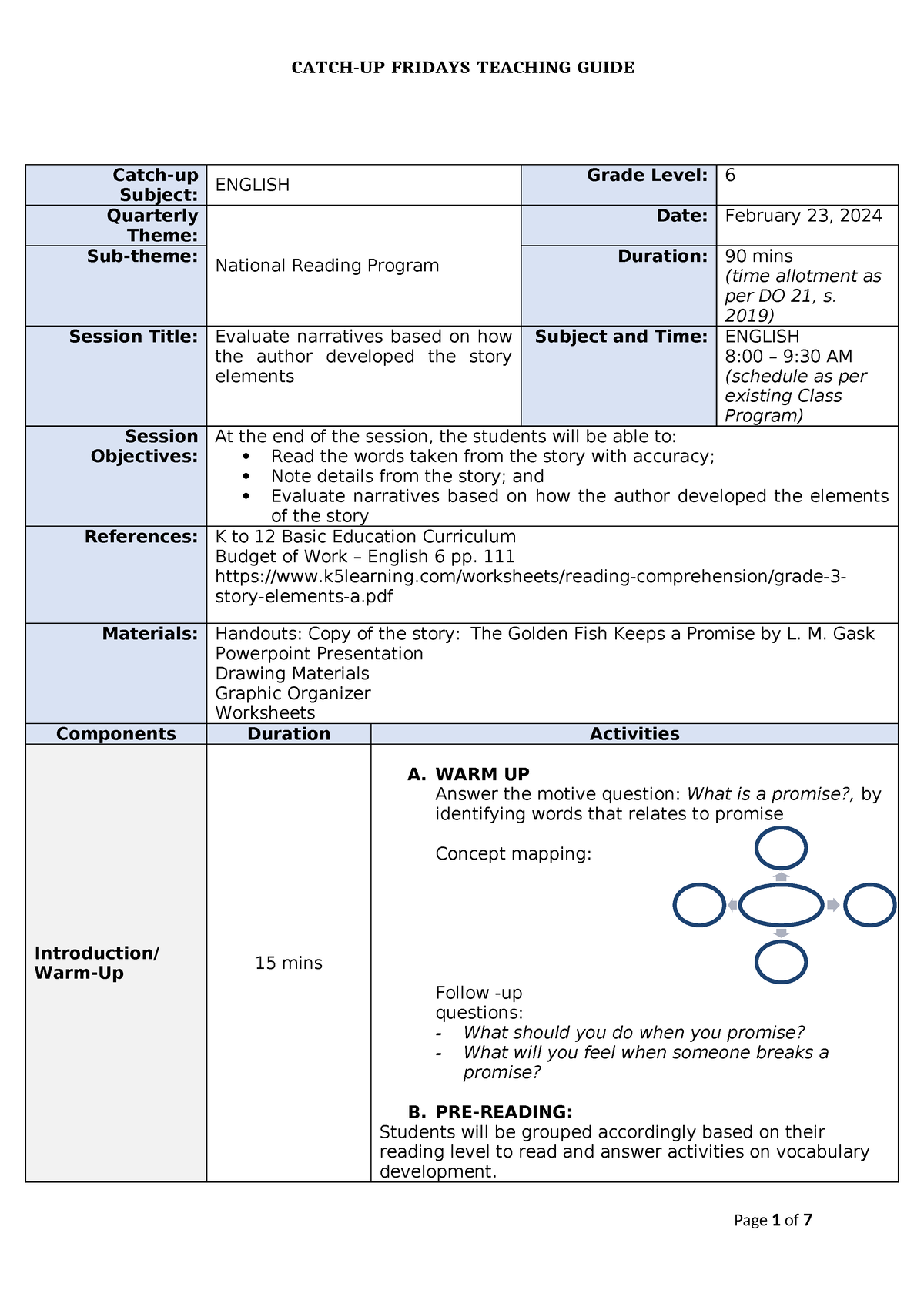 Grade 6-ENG- Reading Catch-UP- Friday - Catch-up Subject: ENGLISH Grade ...