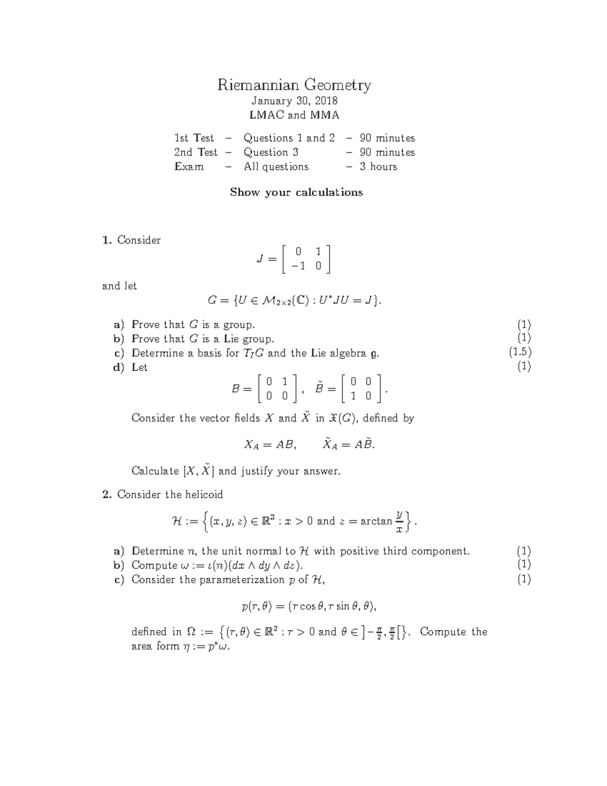 Geometria Riemanniana Exame EER 1801 - Riemannian Geometry January 30 ...