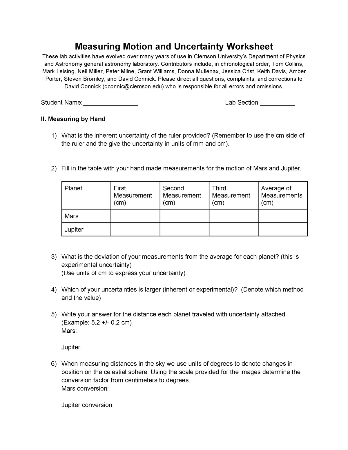 Measuring Motion and Uncertainty Worksheet - Contributors include, in ...