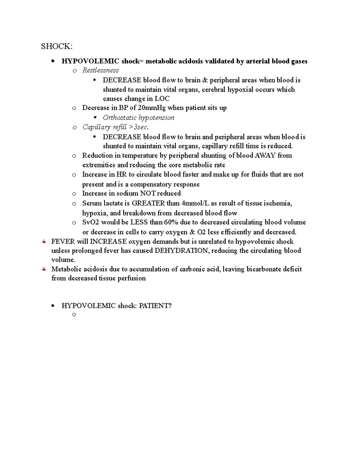 HYPOVOLEMIC SHOCK - SHOCK: HYPOVOLEMIC Shock= Metabolic Acidosis ...