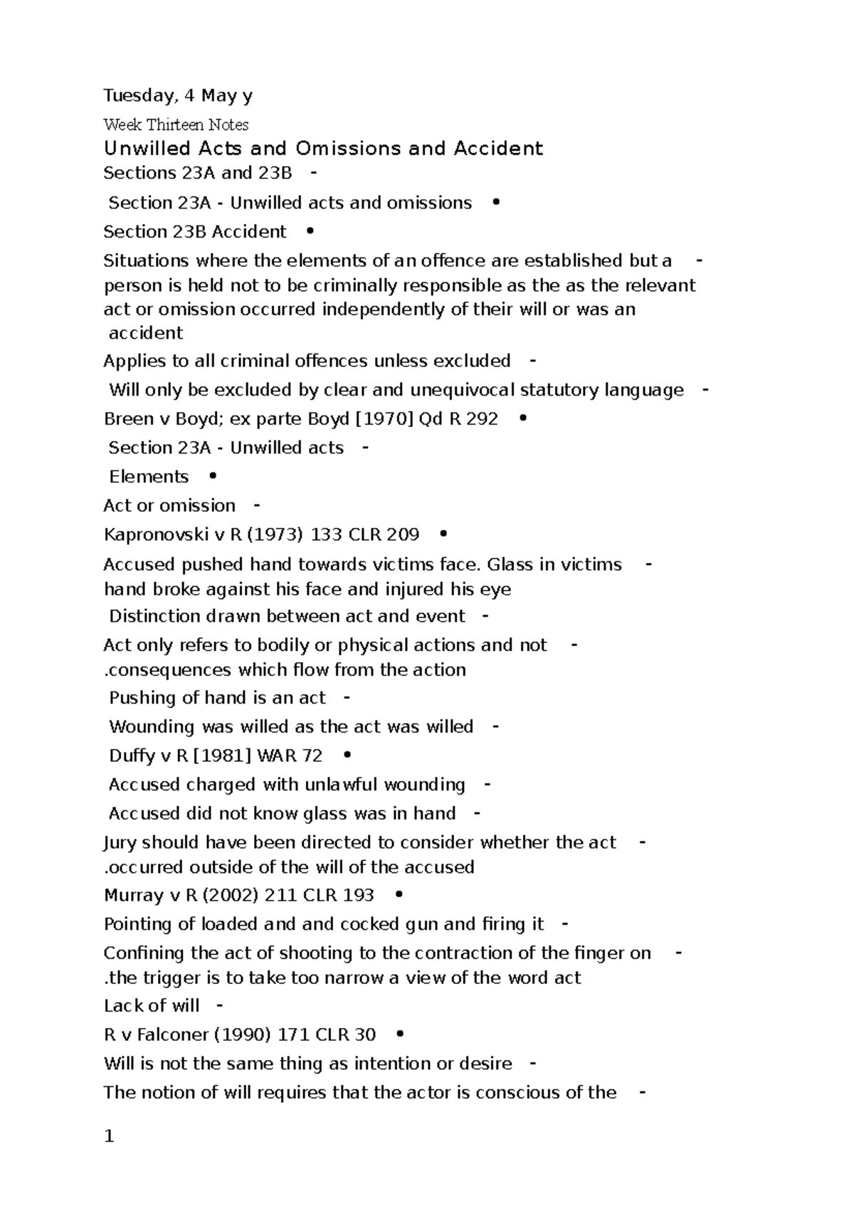 Week Thirteen Notes - Week Thirteen Notes Unwilled Acts and Omissions ...