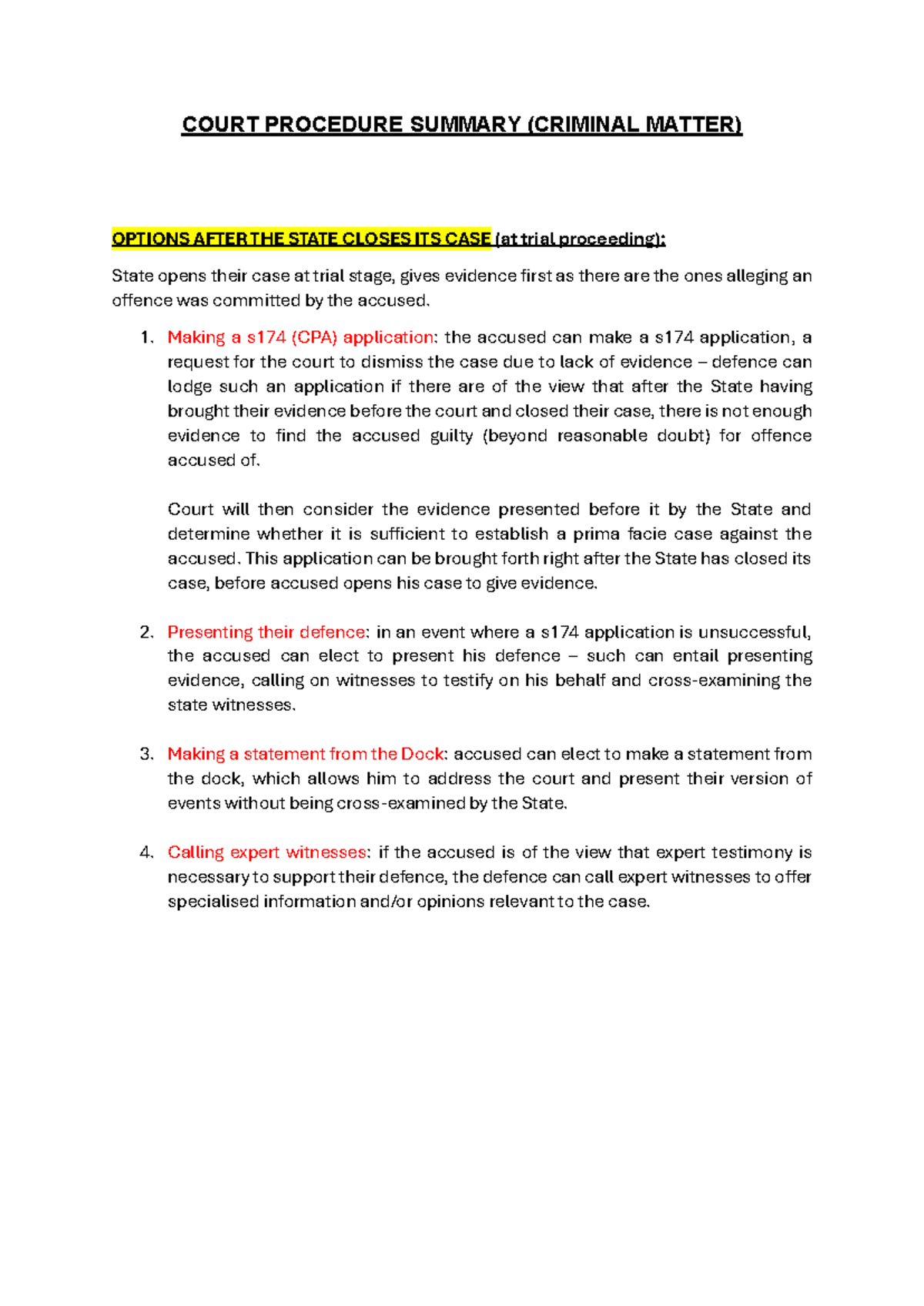 Options (after State case) - COURT PROCEDURE SUMMARY (CRIMINAL MATTER ...