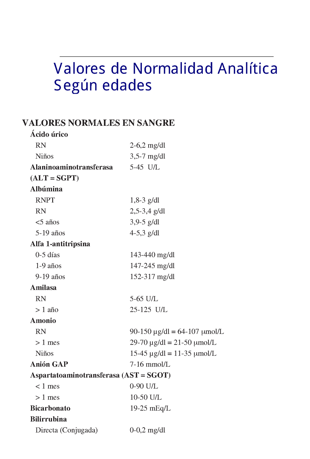 Valores Referencia nnnnnnnnnnnnnnnnnnnnn VALORES NORMALES EN SANGRE