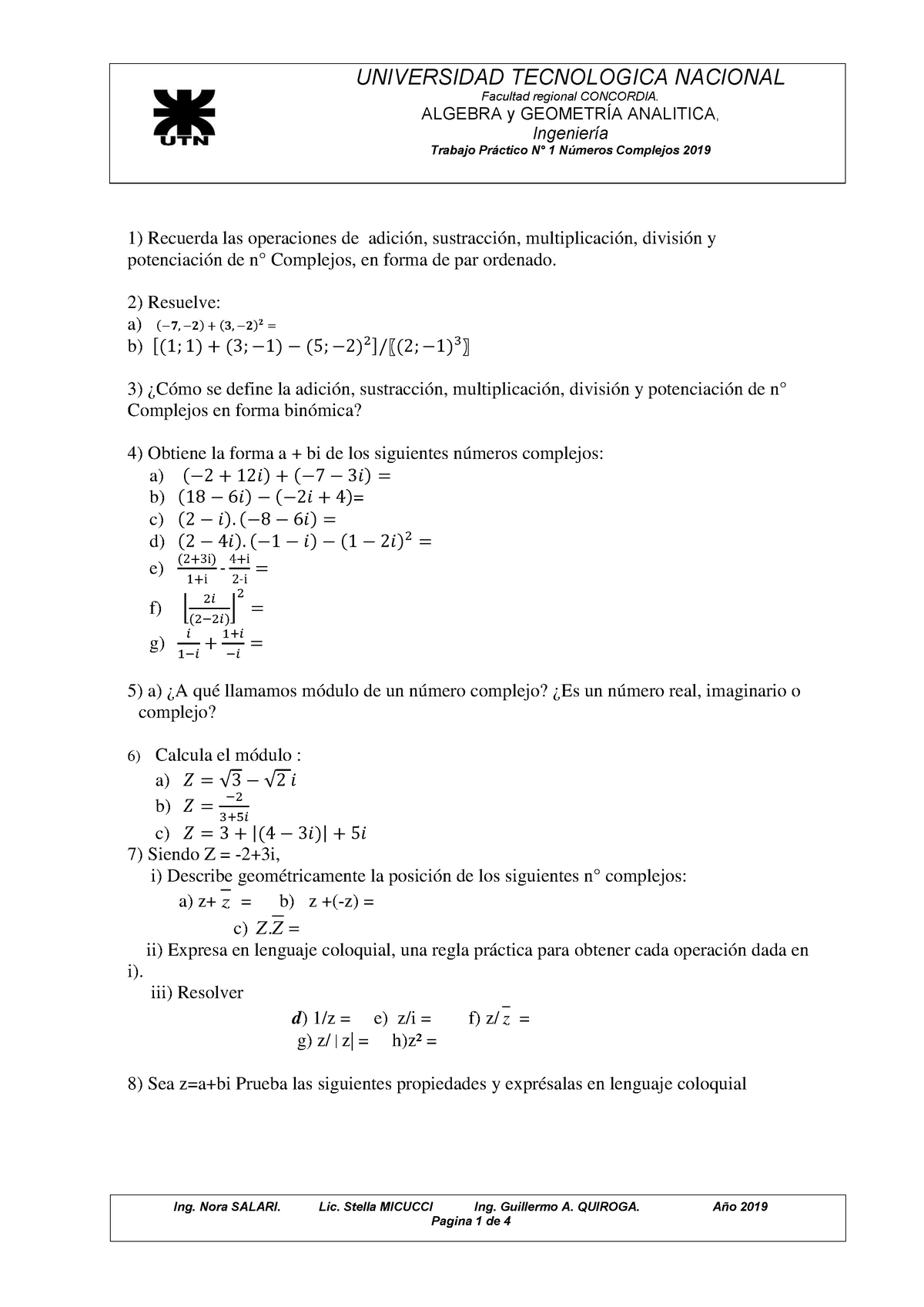 Trabajo Practico Números Complejos Ejercicios - Ing. Nora SALARI. Lic ...