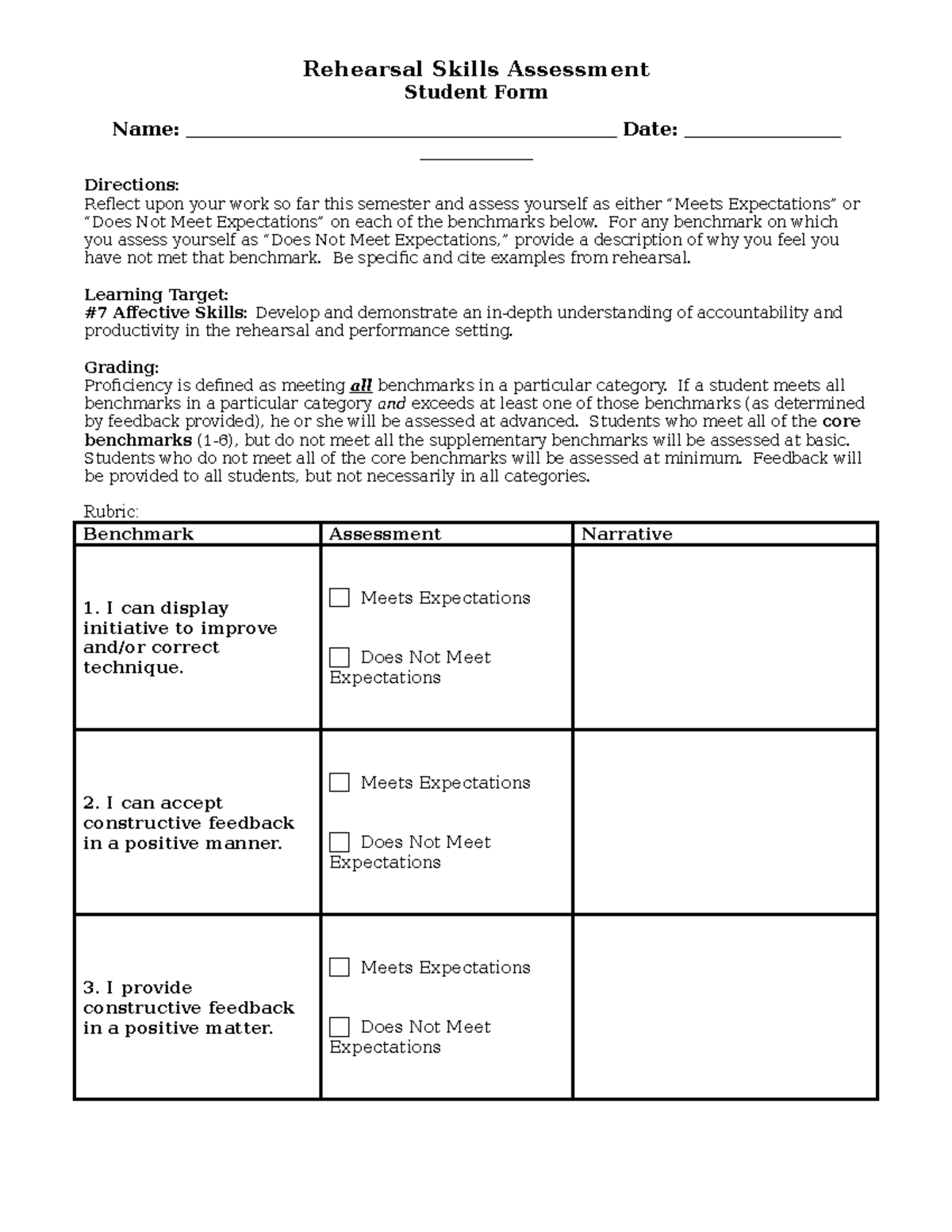 Rehearsal Skills Assessment - Student - Rehearsal Skills Assessment ...