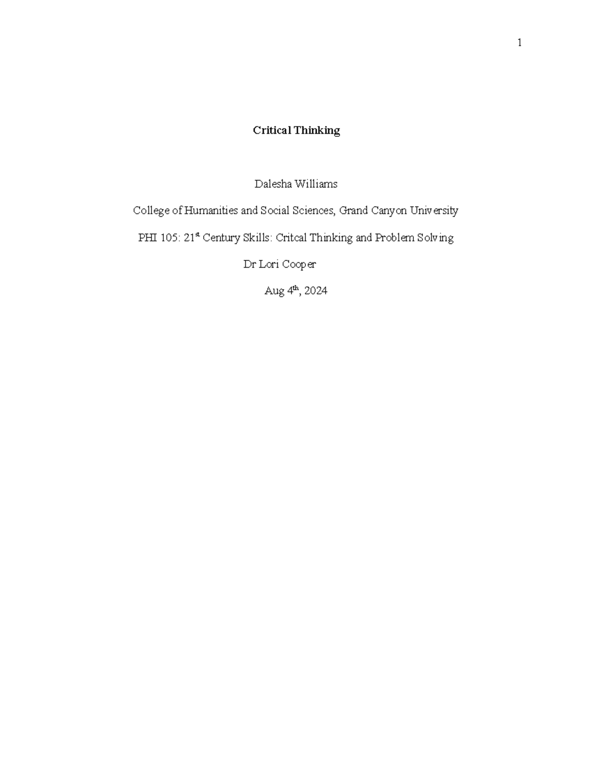 APA 7th Five Paragraph Essay Template - Critical Thinking Dalesha ...