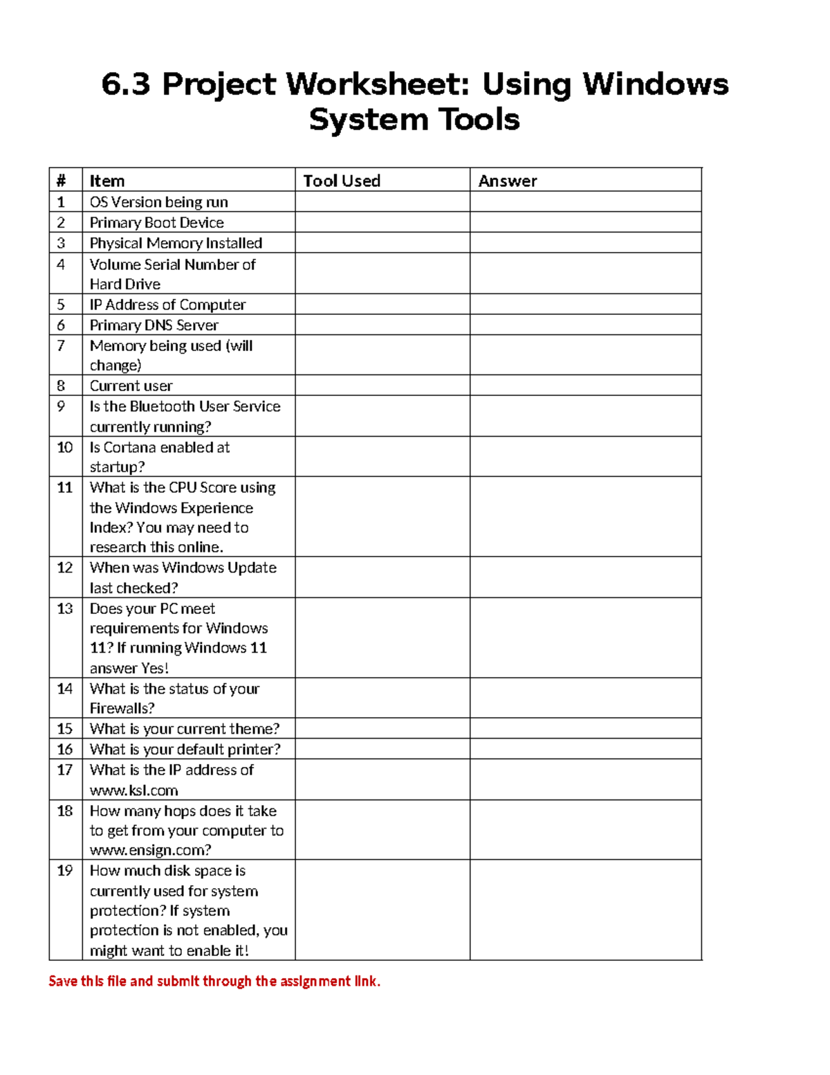Week 5 Project Worksheet - 6 Project Worksheet: Using Windows System ...
