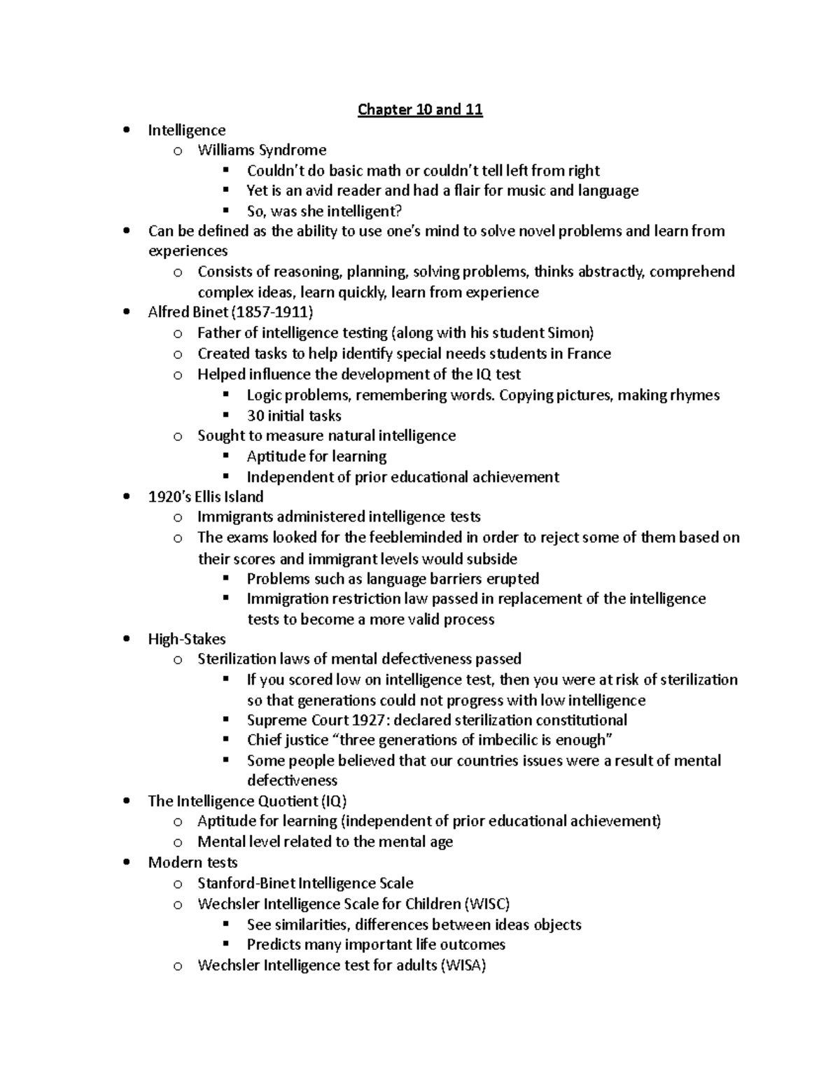 Chapter 10 - Notes - Chapter 10 and 11 Intelligence o Williams Syndrome ...