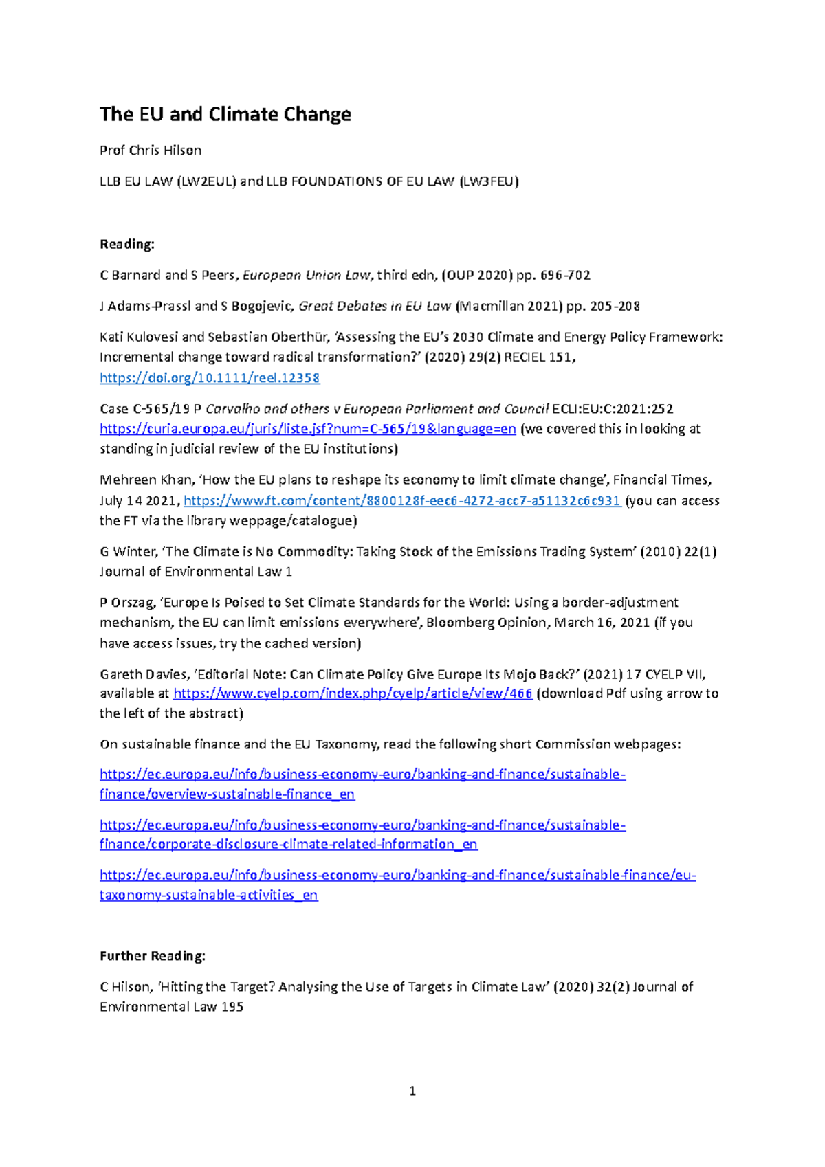 EU climate lecture doc - The EU and Climate Change Prof Chris Hilson ...