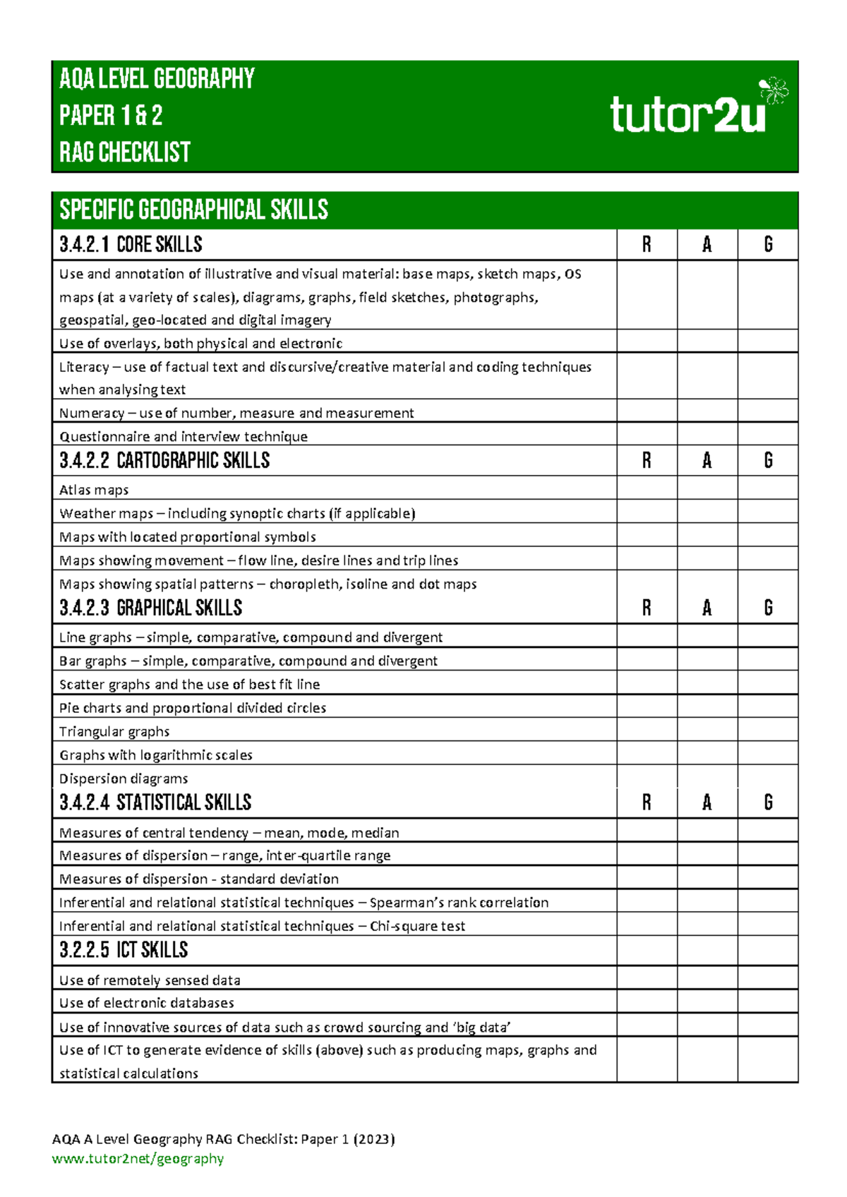 AQA A Level Geography RAG Checklist - Geographical Skills - AQA A Level ...