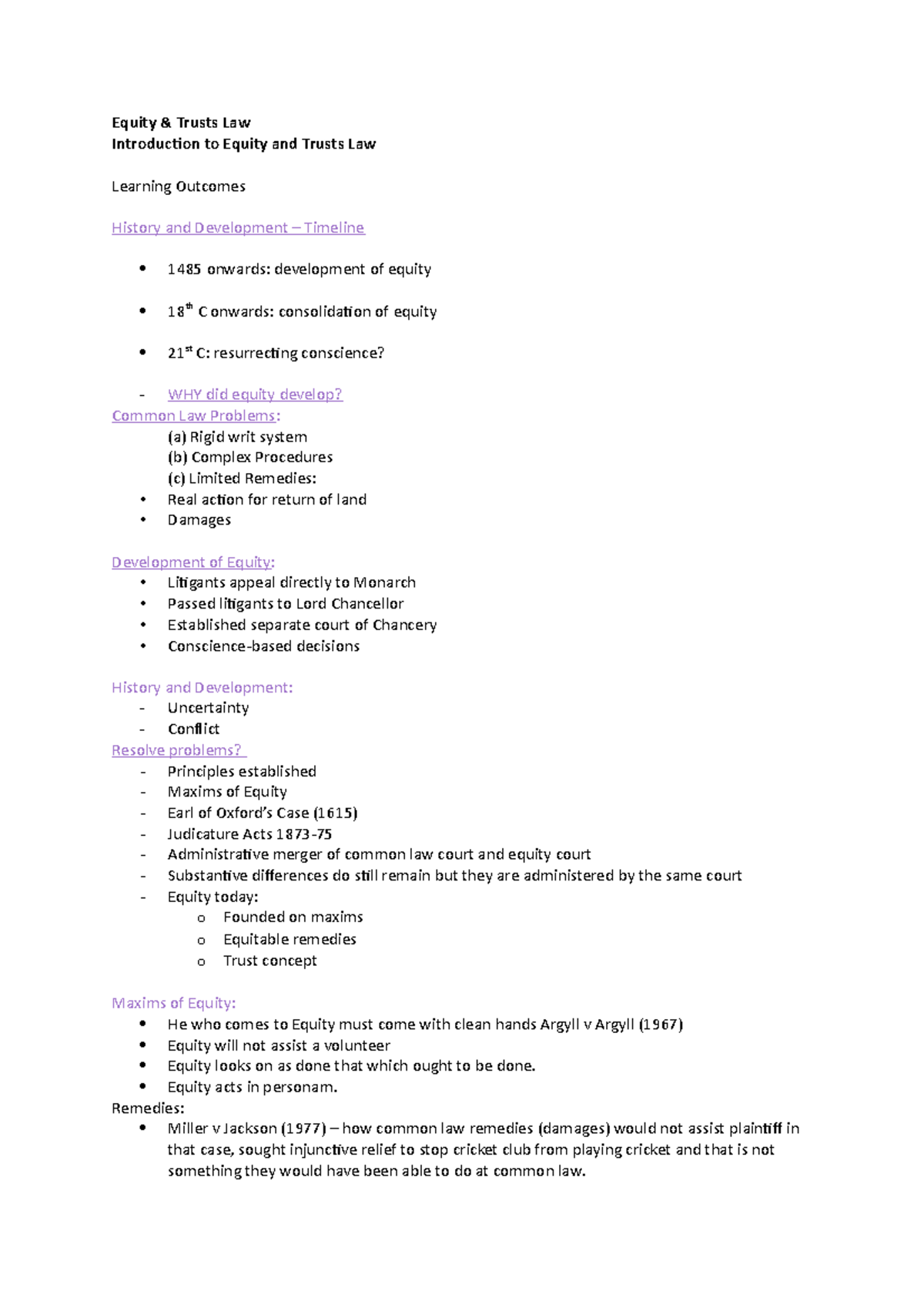 Lecture 1 equity and trusts introduction brief notes - Equity & Trusts ...