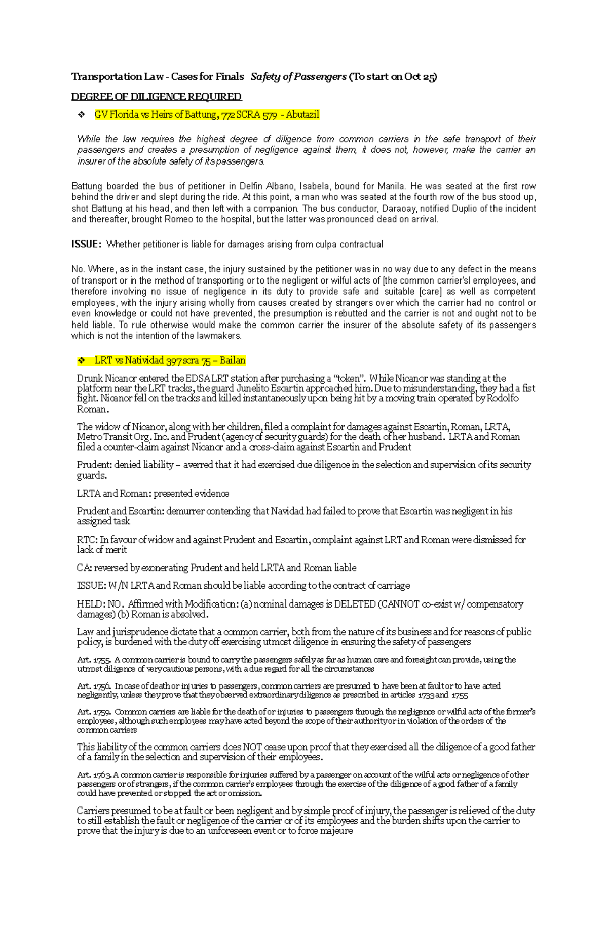 Finals-cases-list - sample cases in transpo - Commercial law - Studocu