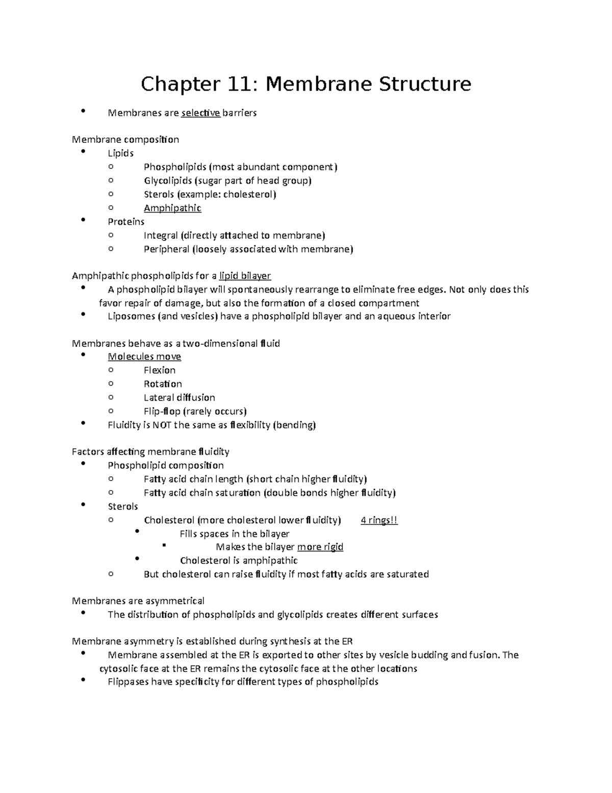 Biol 213 Notes Unit 2 - Chapter 11: Membrane Structure Membranes are ...