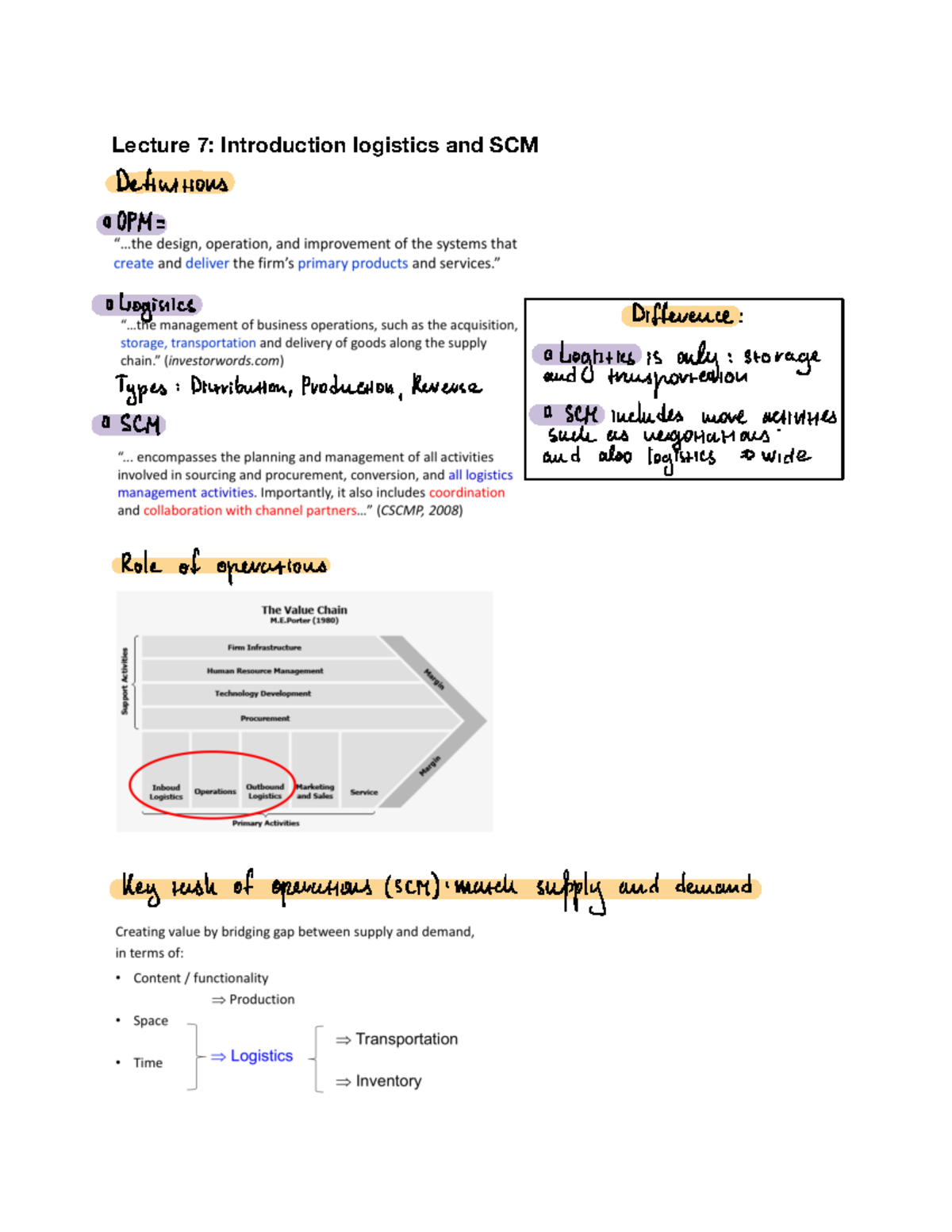 Summary SCM And Logistics - Lecture 7: Introduction Logistics And SCM ...