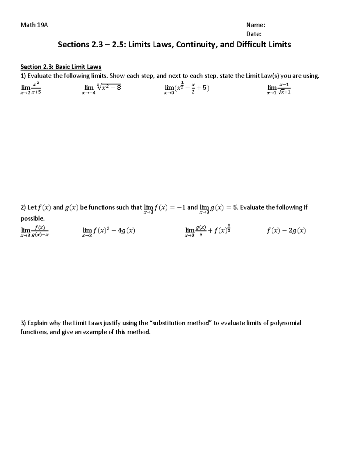 worksheet week 2 2 3 2 5 math 19a name date sections 2 2 limits laws continuity and studocu