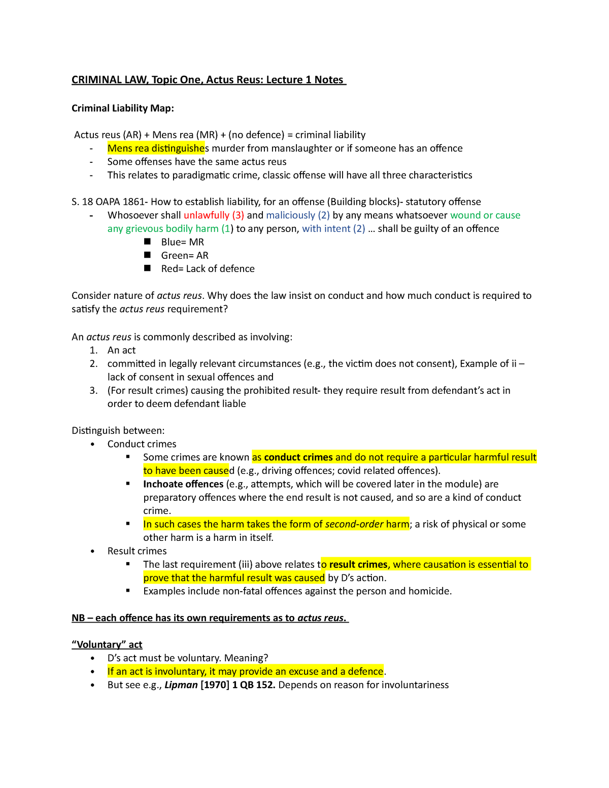 Lecture 1 Notes- Actus Reus (Unit 4) - CRIMINAL LAW, Topic One, Actus ...