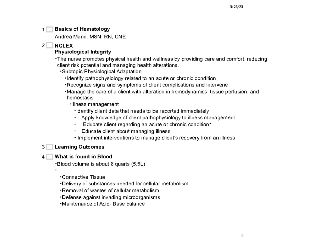 Basic Hematology narration 2023AM - 3/28/ 1 Basics of Hematology Andrea ...