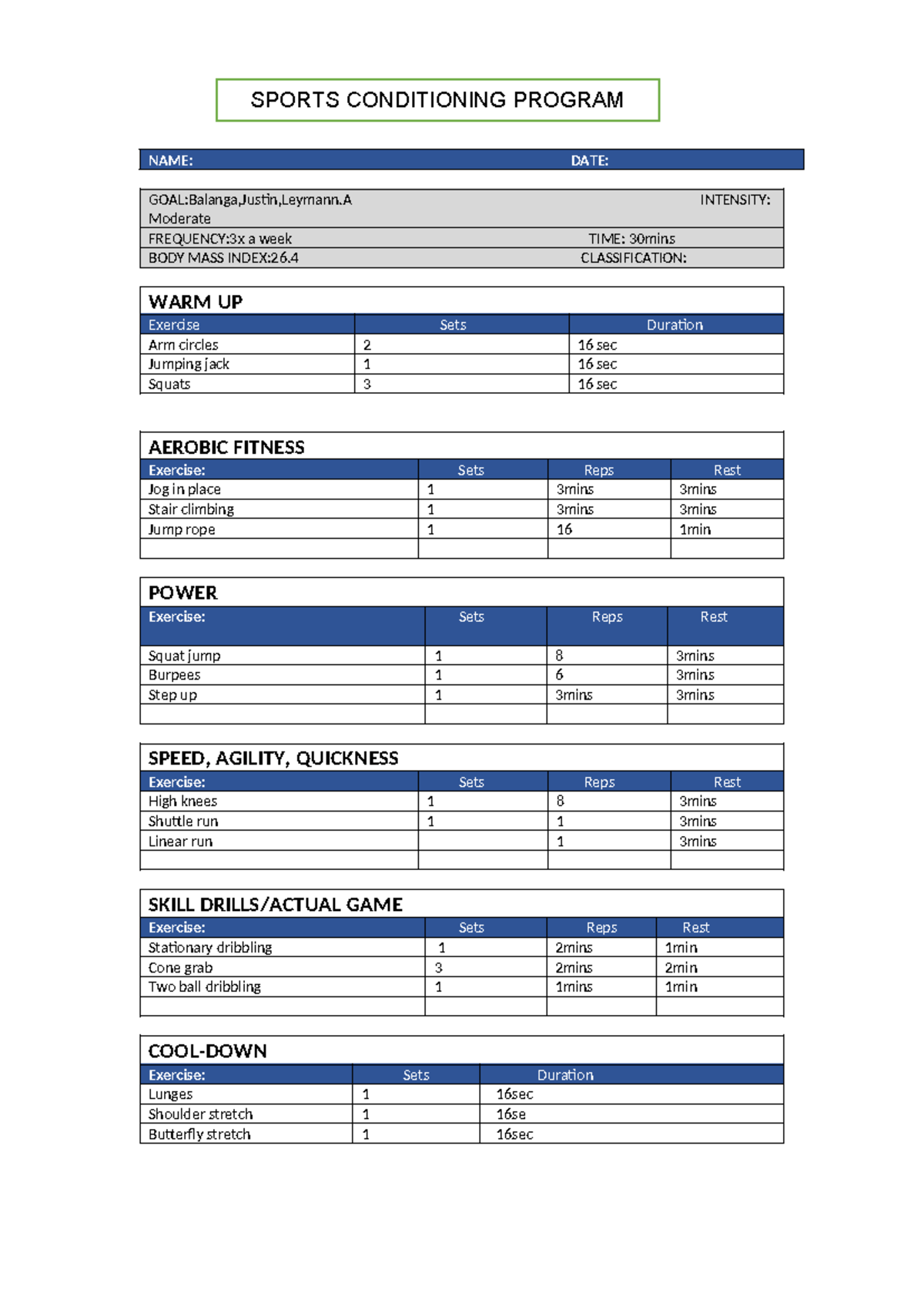 PED Condit - Summary Physical education - SPORTSs NAME: DATE: GOAL ...