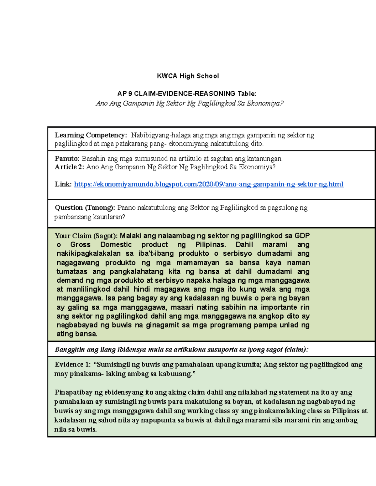 (Pangkat Lima) AP 9 Q4 A2 Claim- Evidence- Reasoning - SESSION: 6 ...