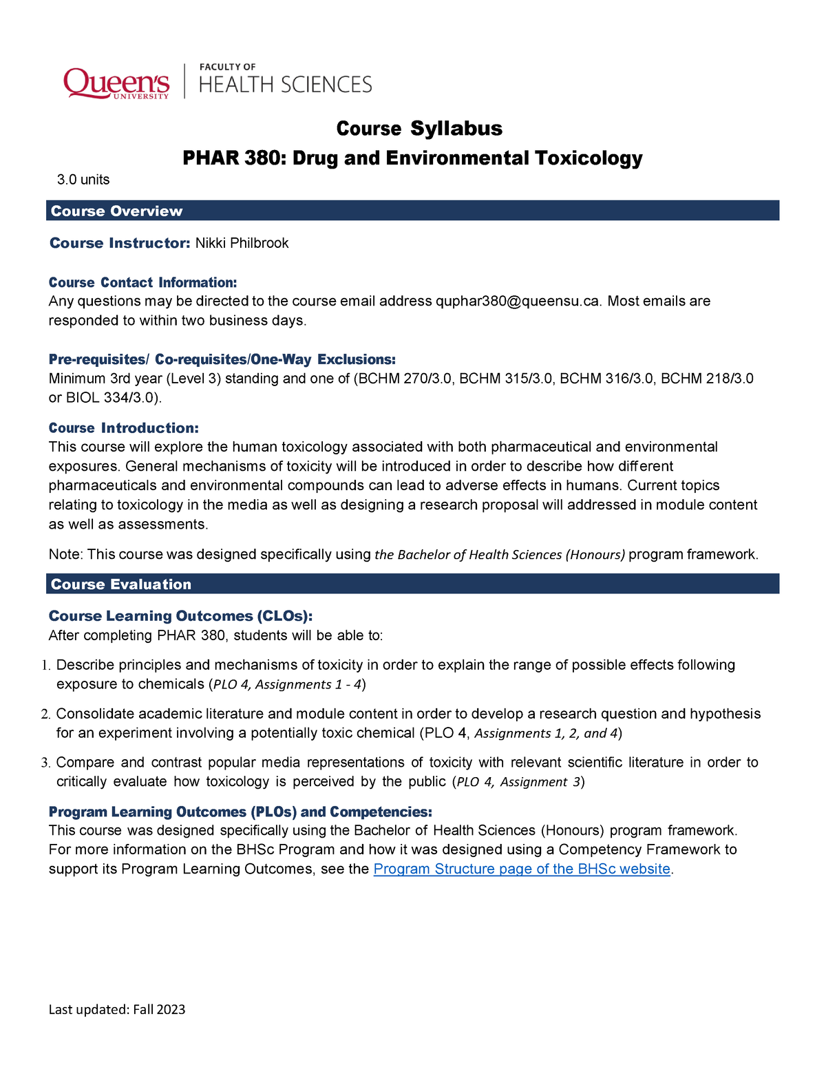 PHAR 380 ONL - Syllabus - F23 Updated - Course Syllabus PHAR 380: Drug and  Environmental Toxicology - Studocu