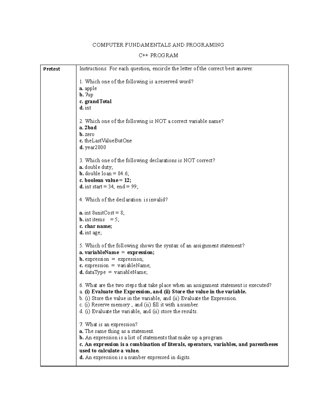 C++ Program Multiple Choice Exercise 1 - COMPUTER FUNDAMENTALS AND ...
