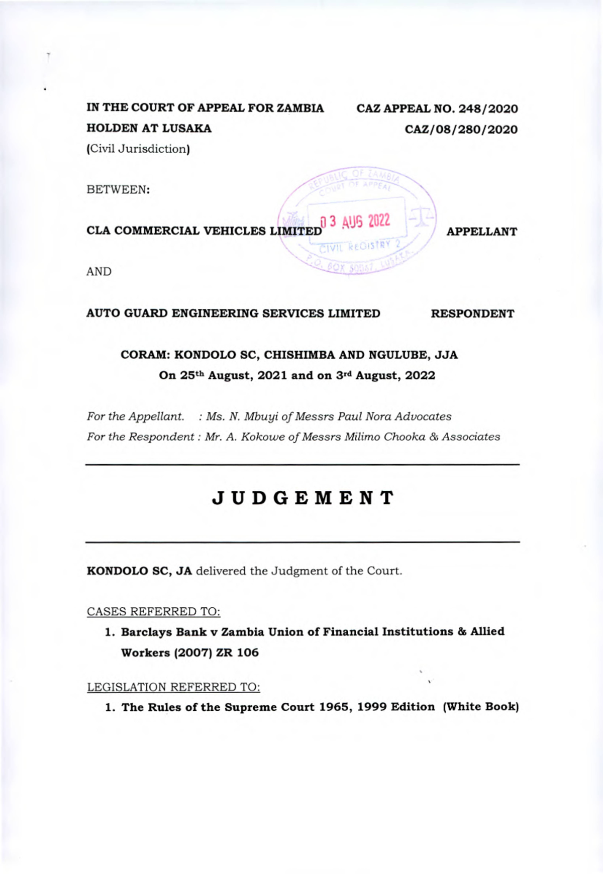 2022zmca56 IN THE COURT OF APPEAL FOR ZAMBIA CAZ APPEAL NO. 248