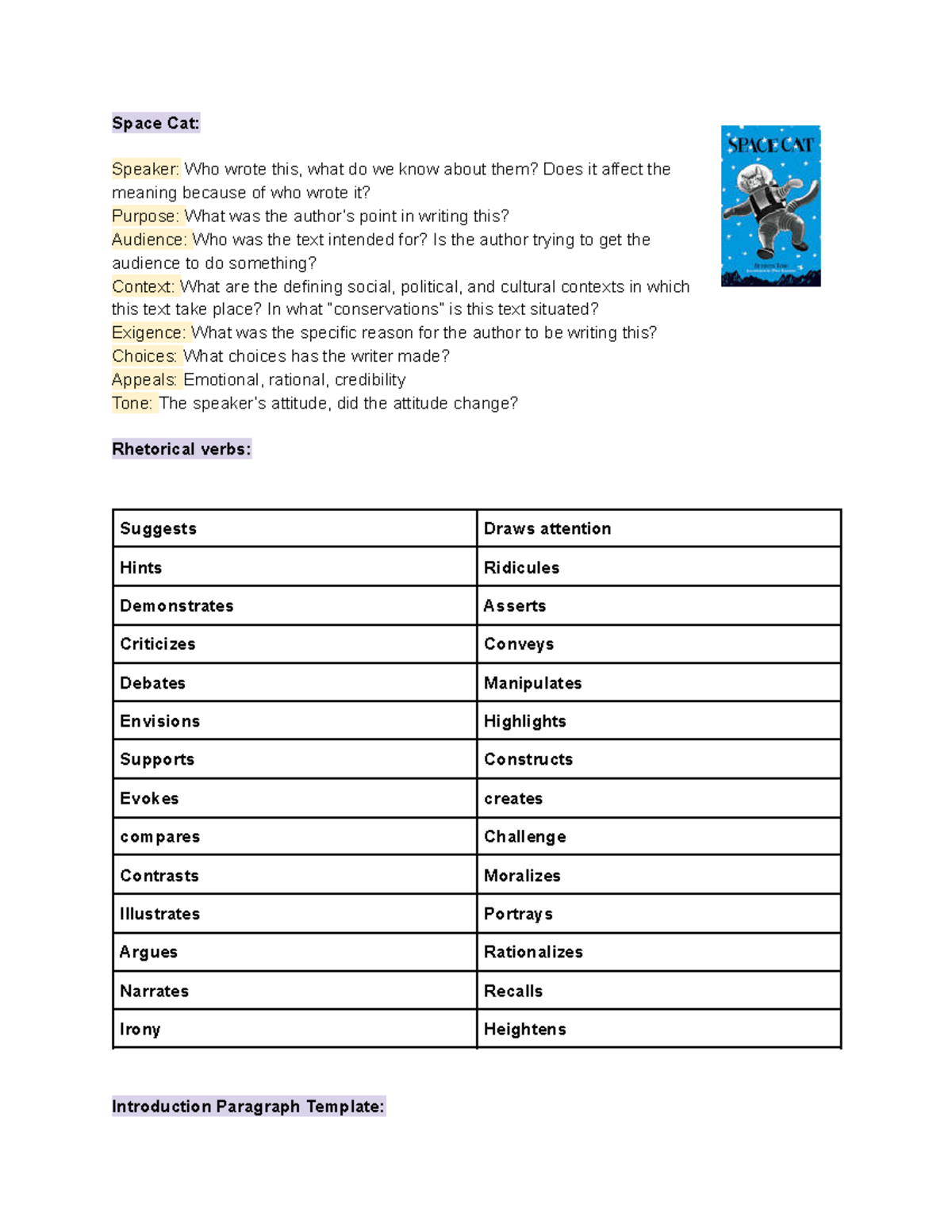 HELP Sheet vocab - Space Cat: Speaker: Who wrote this, what do we know ...