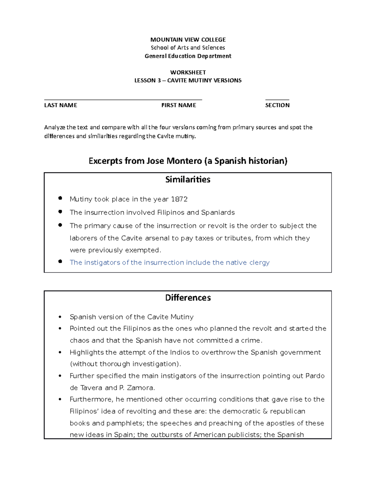 Worksheet 3- Cavite Mutiny 4 Versions - MOUNTAIN VIEW COLLEGE School Of ...