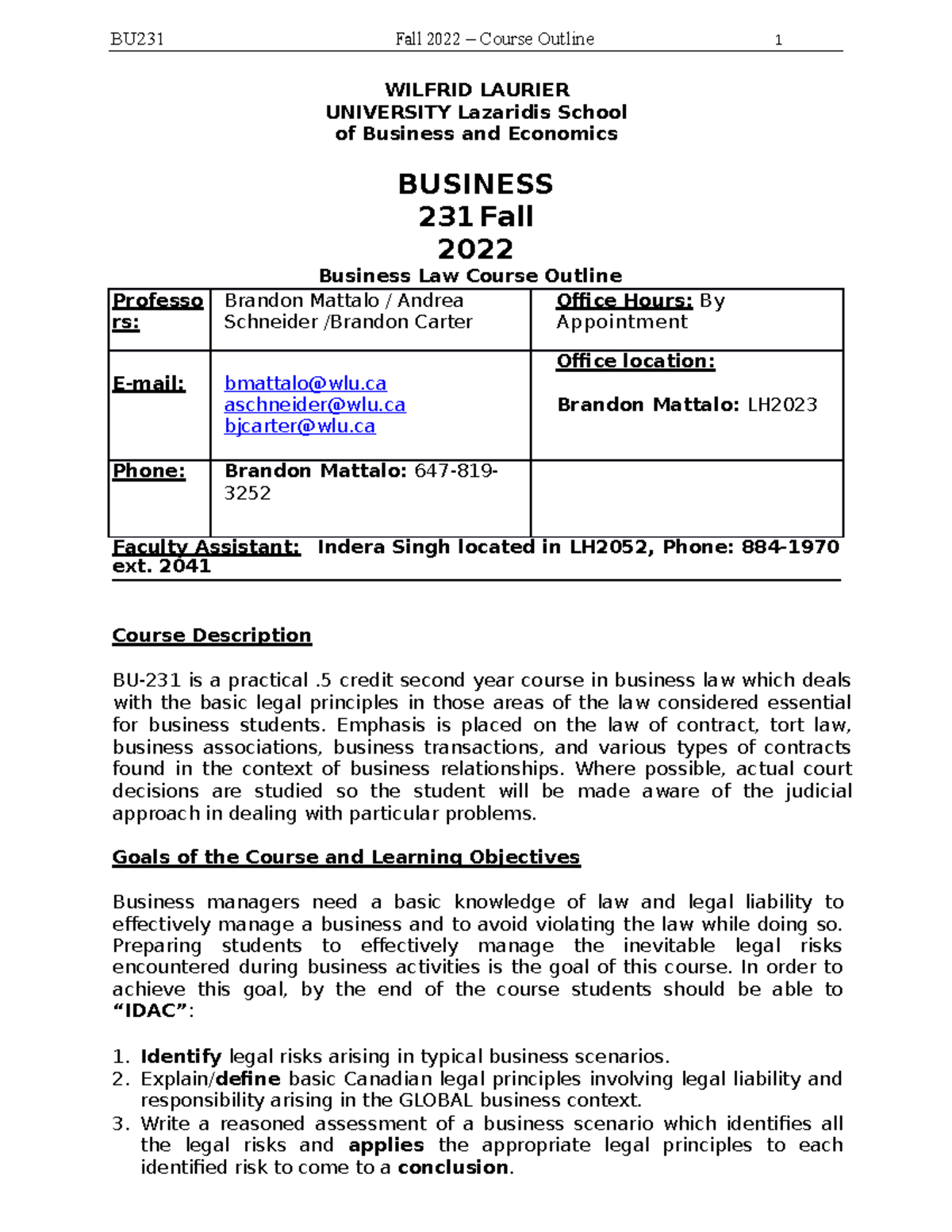 BU 231 Syllabus - .... - WILFRID LAURIER UNIVERSITY Lazaridis School Of ...