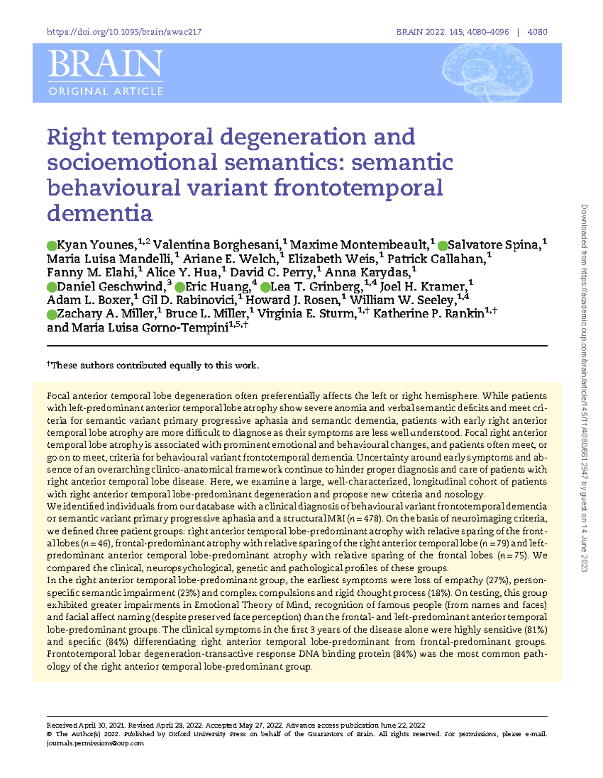 Right Temporal Degeneration and Socioemotional Semantics - Semantic ...