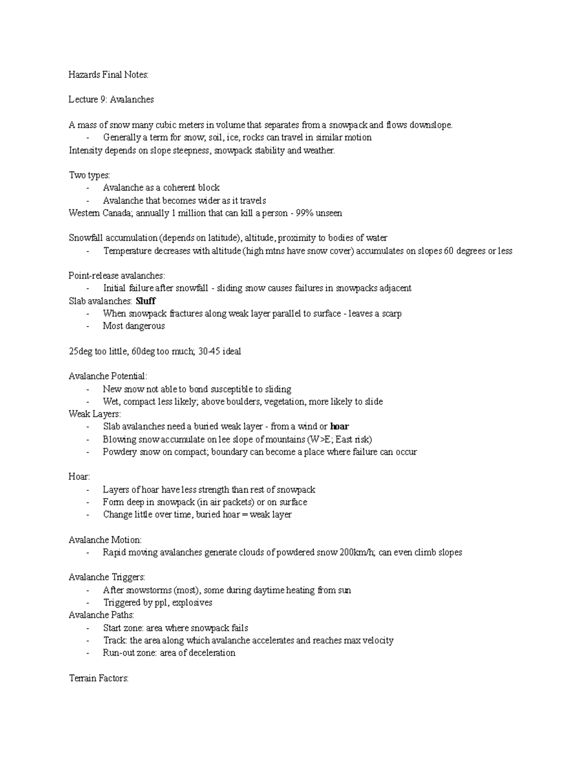 Hazards Summaries - Hazards Final Notes: Lecture 9: Avalanches A mass ...