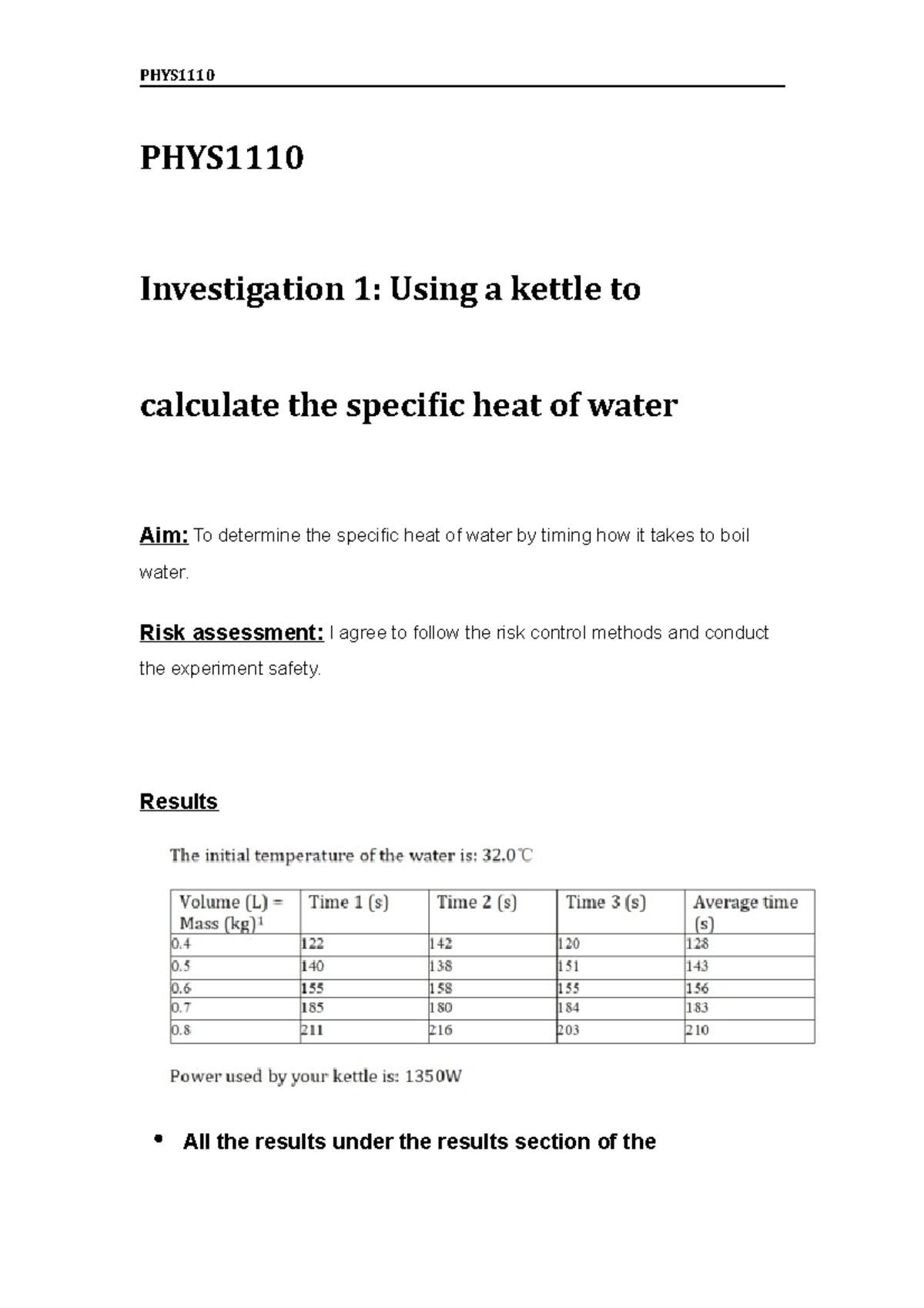 PHYS1110 Investigation 1 PHYS Investigation 1 Using a kettle to