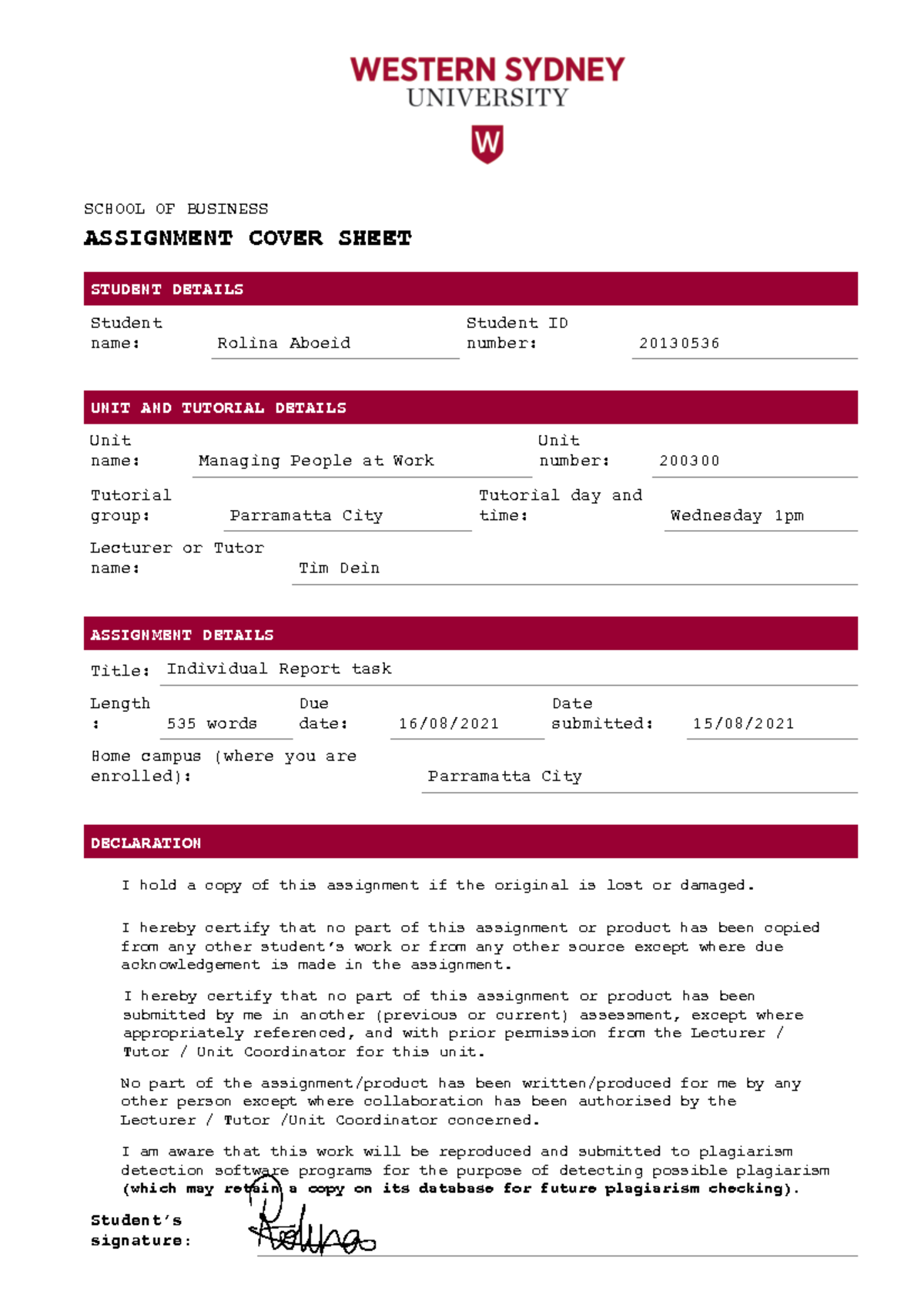 Individual Report Task - MPAW - SCHOOL OF BUSINESS ASSIGNMENT COVER ...