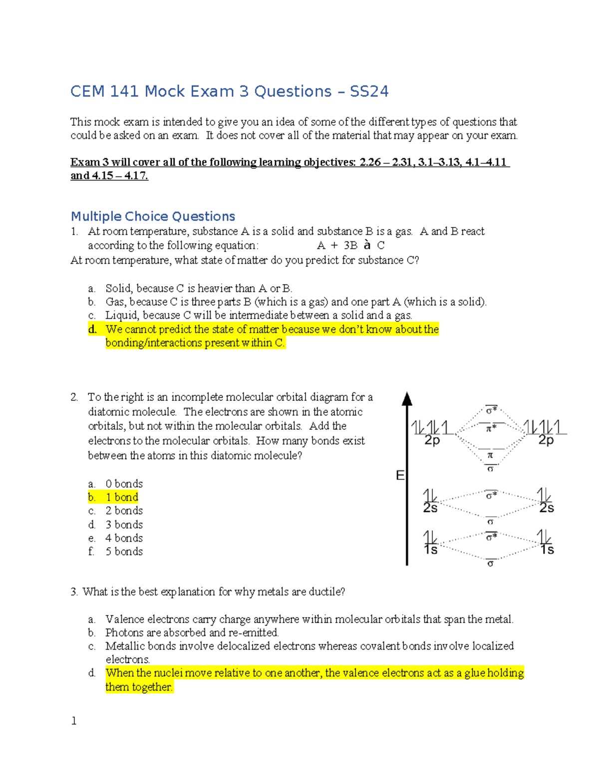141 Mock Exam 3 - Chem stuff - CEM 141 Mock Exam 3 Questions – SS This ...