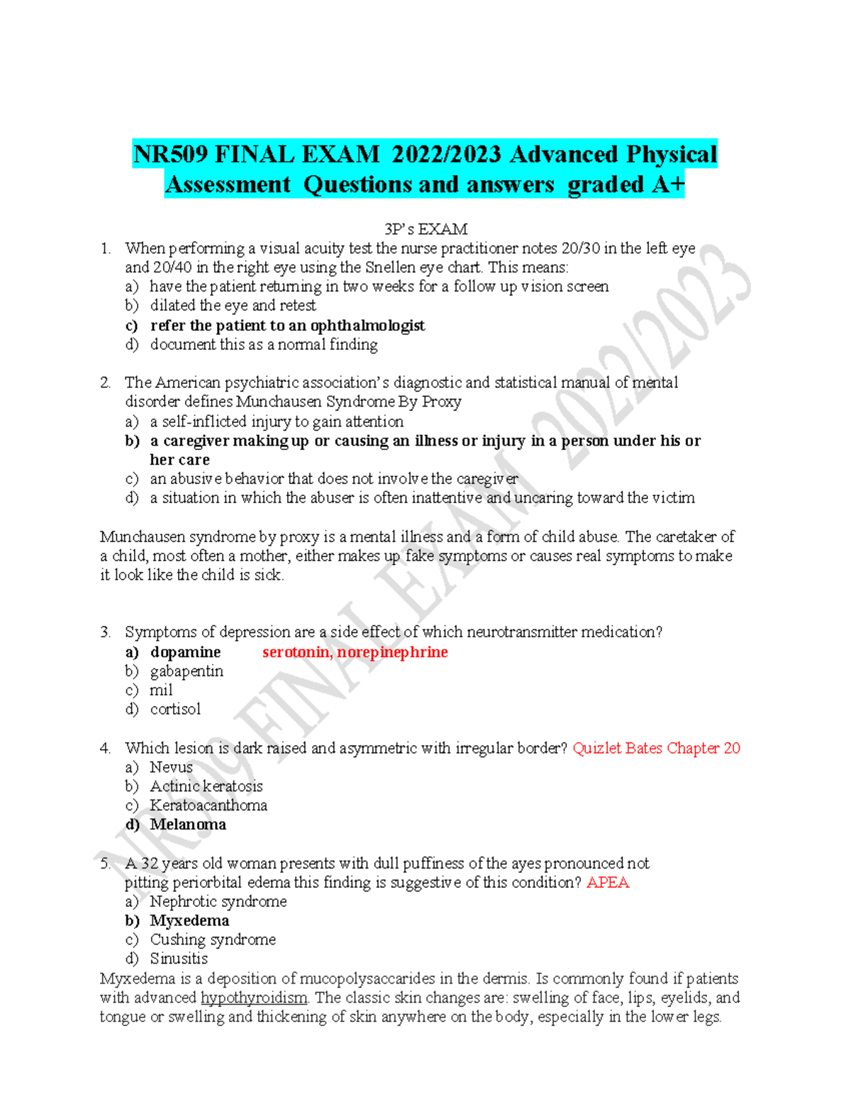 Nr 509 Nr509 Advanced Physical Assessment Midterm Exam Review 100 Questions And Answers Rated A 0639