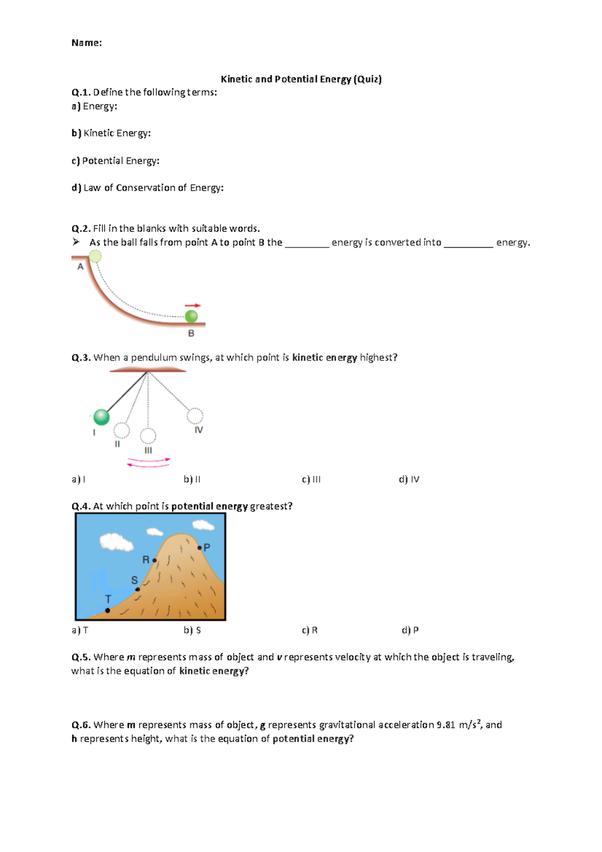 Kinetic And Potential Energy Worksheet - Name: Kinetic And Potential ...