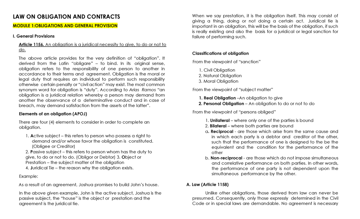 LAW ON Obligations AND Contracts - LAW ON OBLIGATION AND CONTRACTS ...